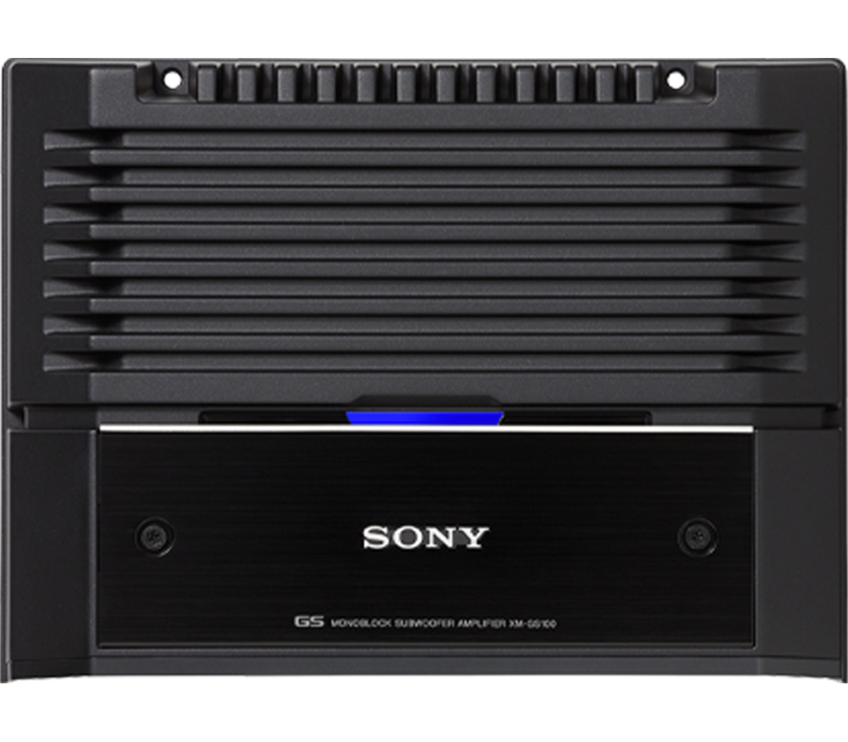 Schwarzer Sony-Verstärker. Oben horizontale Lüftungsschlitze. Unten schwarz mit Sony-Logo und Modellinformationen. Blaues Licht oben.