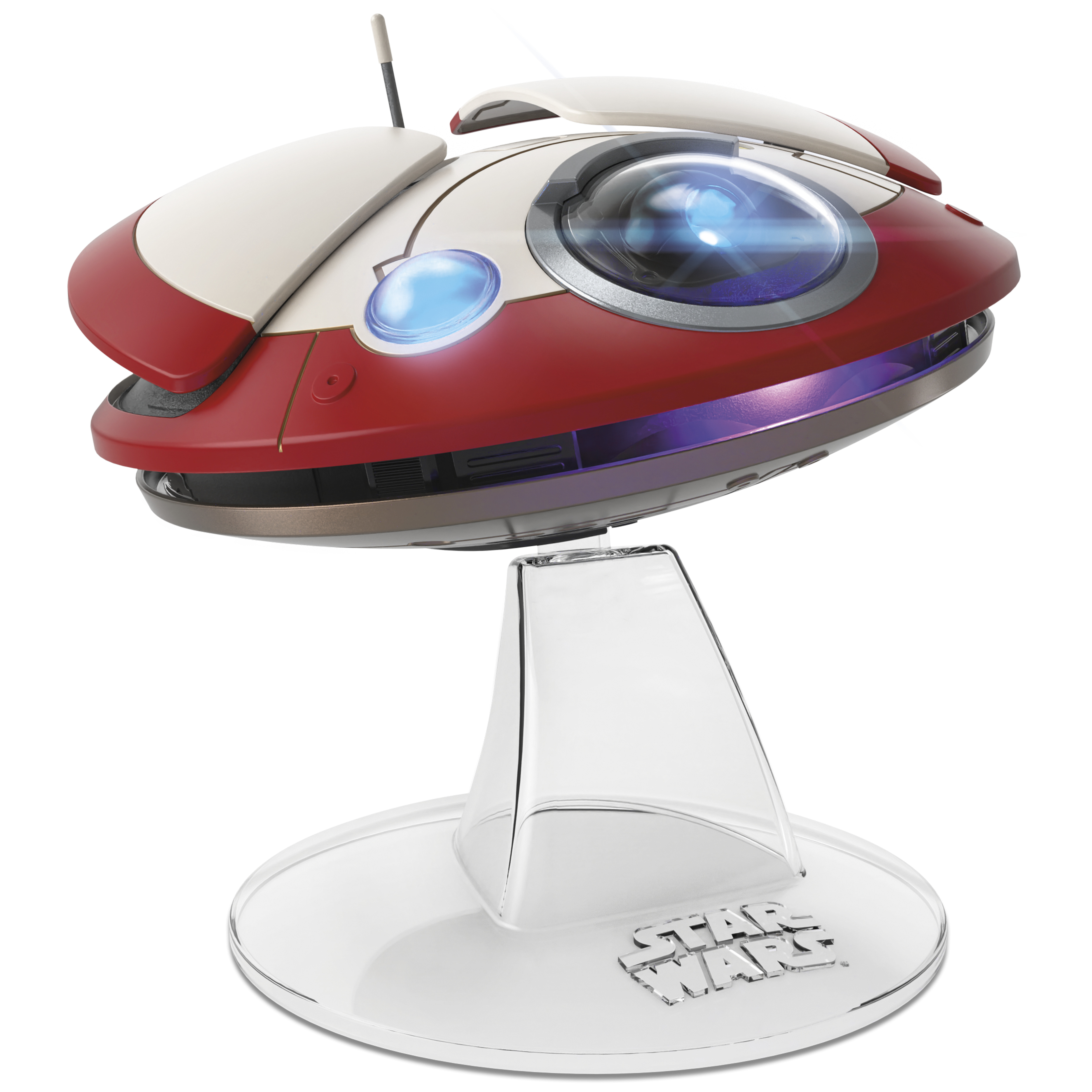 Zabawka droida BB-8, czerwono-biała, z przezroczystym stojakiem. Logo Star Wars znajduje się na podstawie.