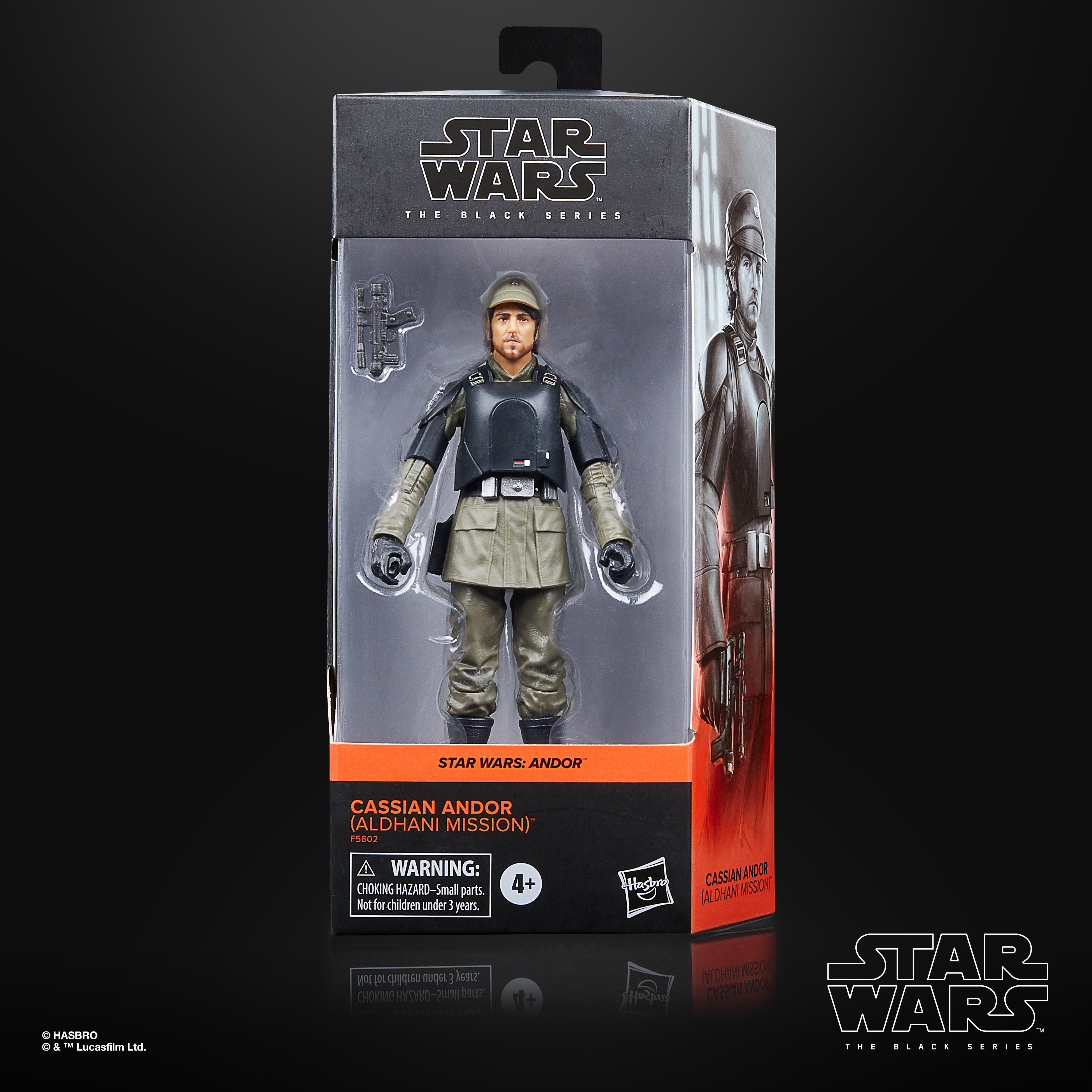 Una figura di Star Wars in una scatola. È Cassian Andor della Black Series. La scatola è nera con dettagli arancioni.