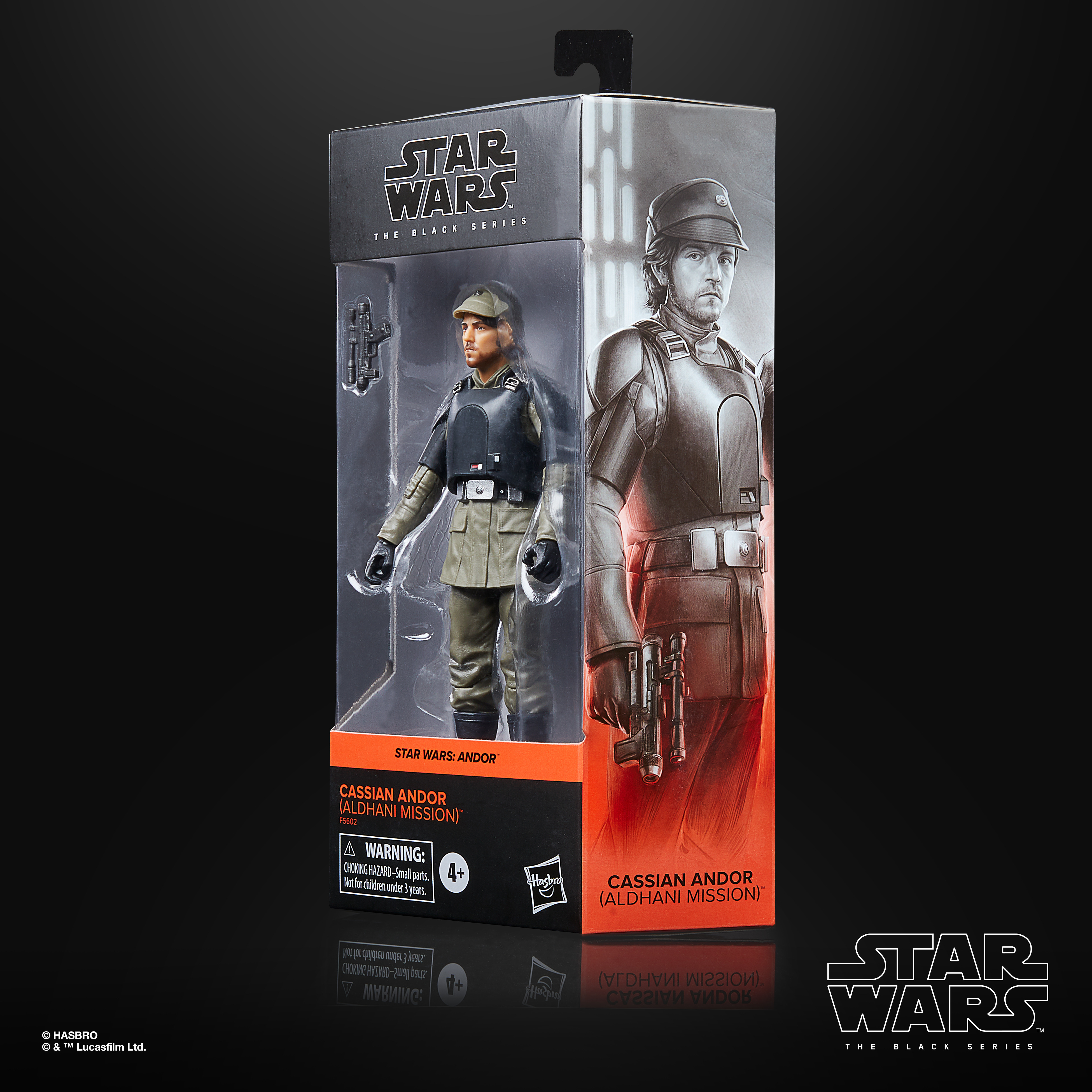 Action figure di Star Wars in una scatola. Presenta Cassian Andor in uniforme militare. La scatola ha il marchio Star Wars.