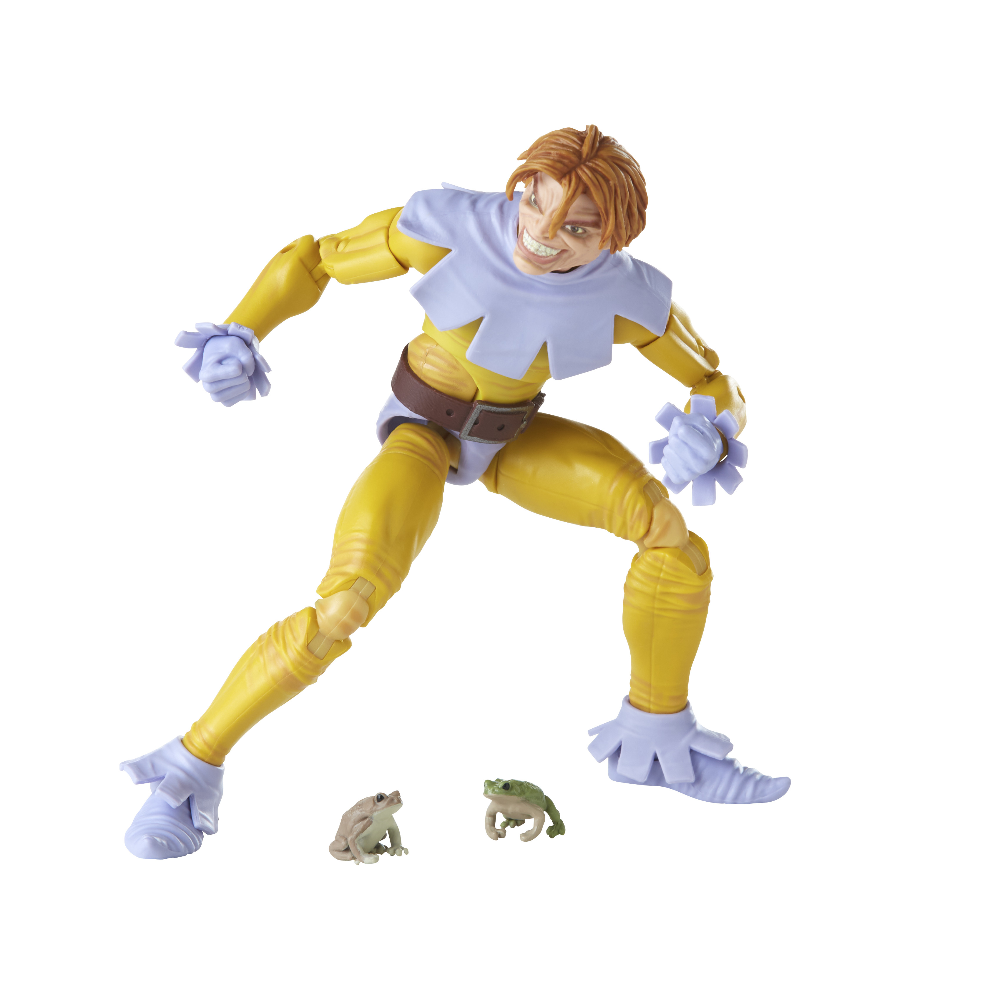 Action figure di un uomo in abito giallo e colletto viola, con due piccole figure di rana, il tutto su sfondo bianco.
