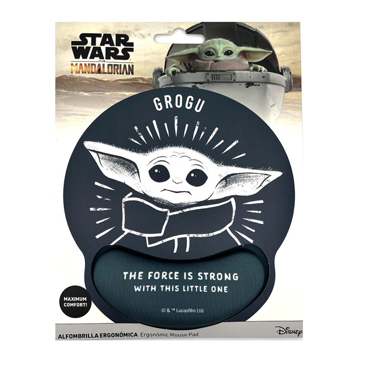 Un tappetino per mouse di Star Wars Grogu. Mostra l'immagine di Grogu con la scritta 'The Force is Strong'. La confezione ha il logo di Star Wars.