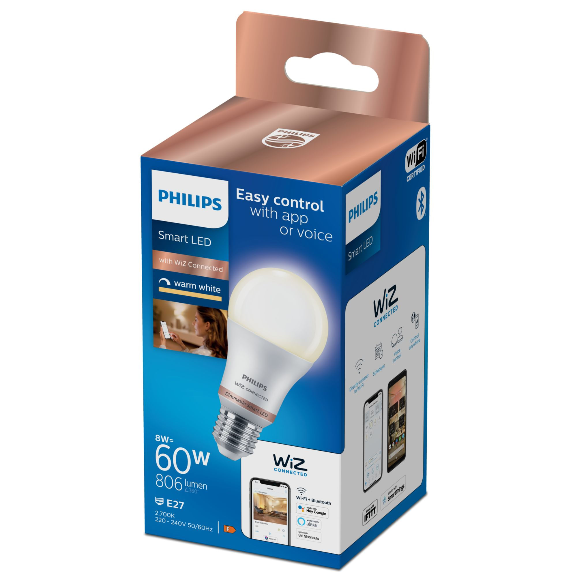 Pudełko żarówki LED Philips Smart. Cechy: WiZ connected, 60W, ciepła biel. Pokazuje żarówkę i smartfon.