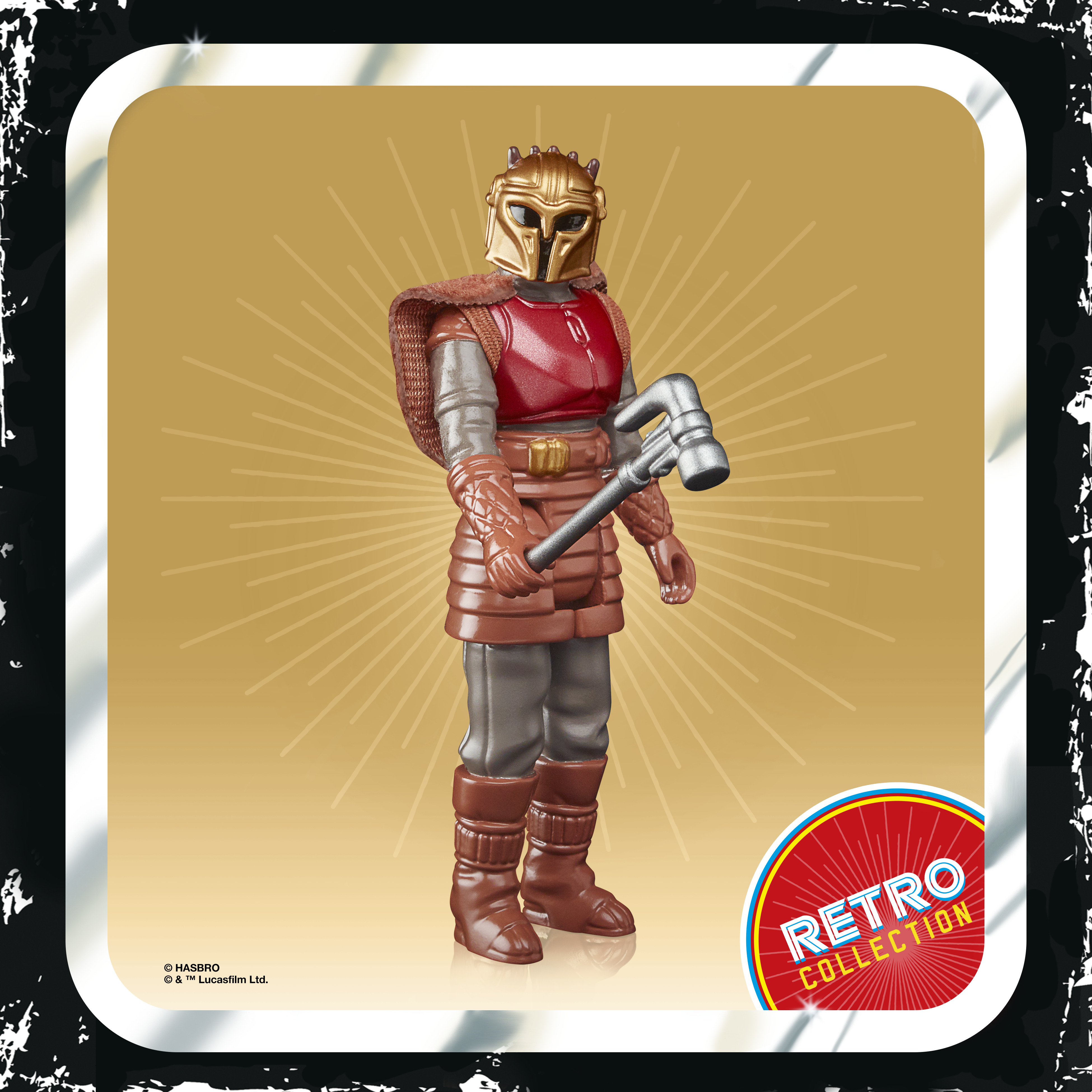 Un personaggio d'azione Mandaloriano con elmo d'oro e armatura rossa, con un martello d'argento. Logo Retro Collection.