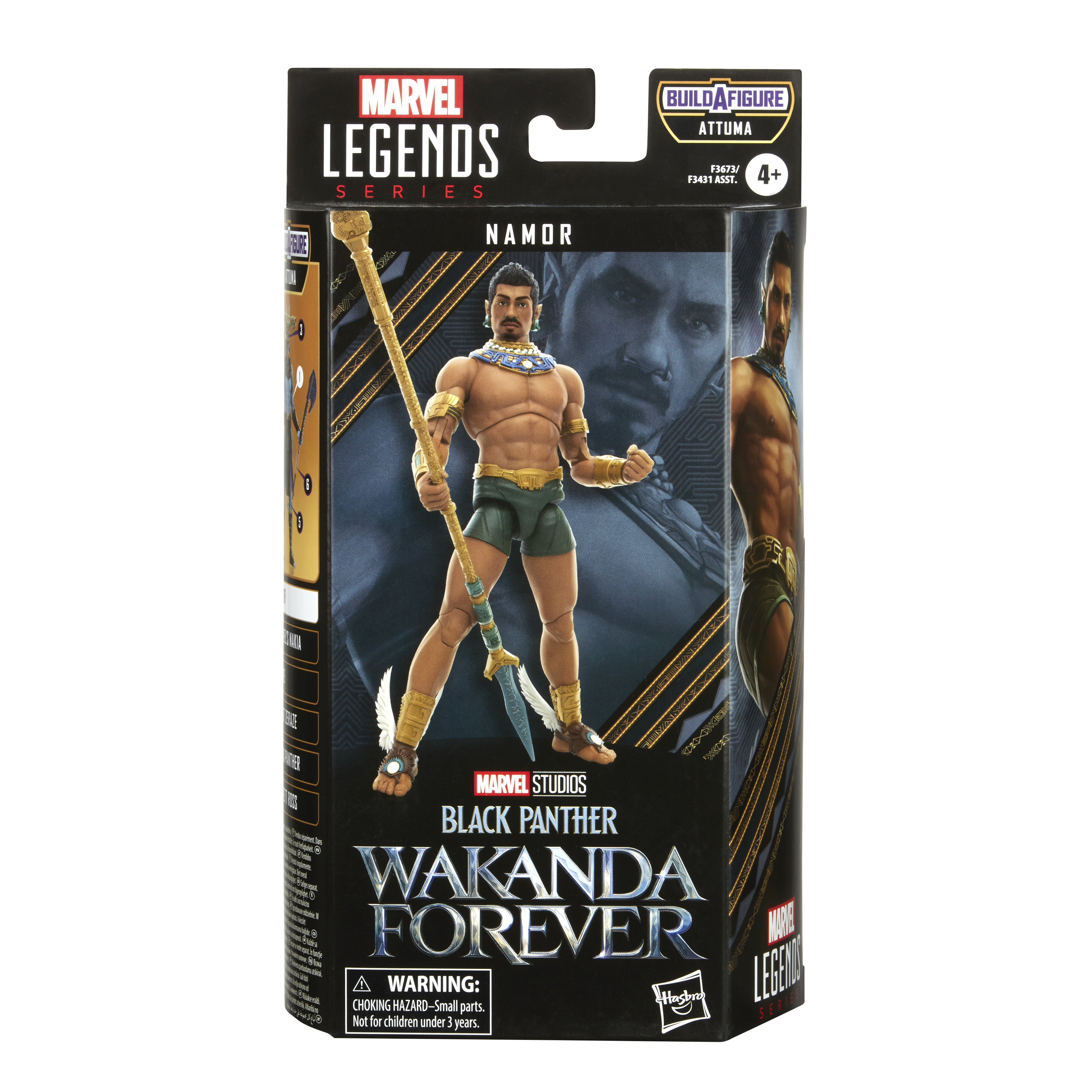 Una action figure di Namor in una scatola. La scatola ha il logo Marvel Legends e Black Panther Wakanda Forever.