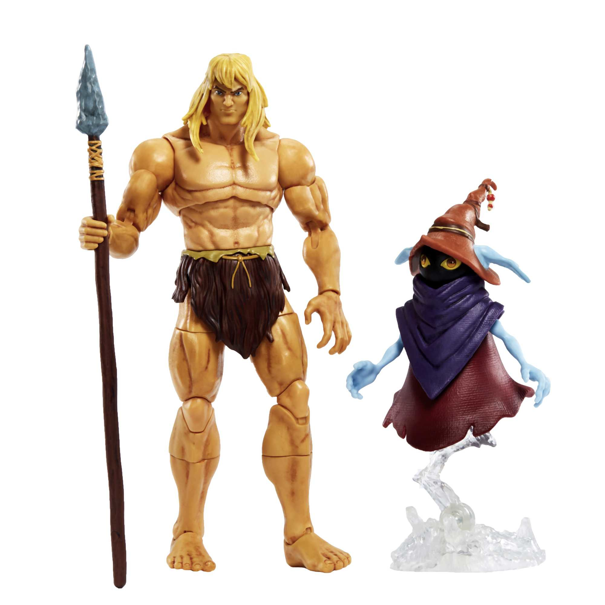 Due action figure: un uomo muscoloso con una lancia e una piccola creatura con cappello e mantello, entrambi su bianco.