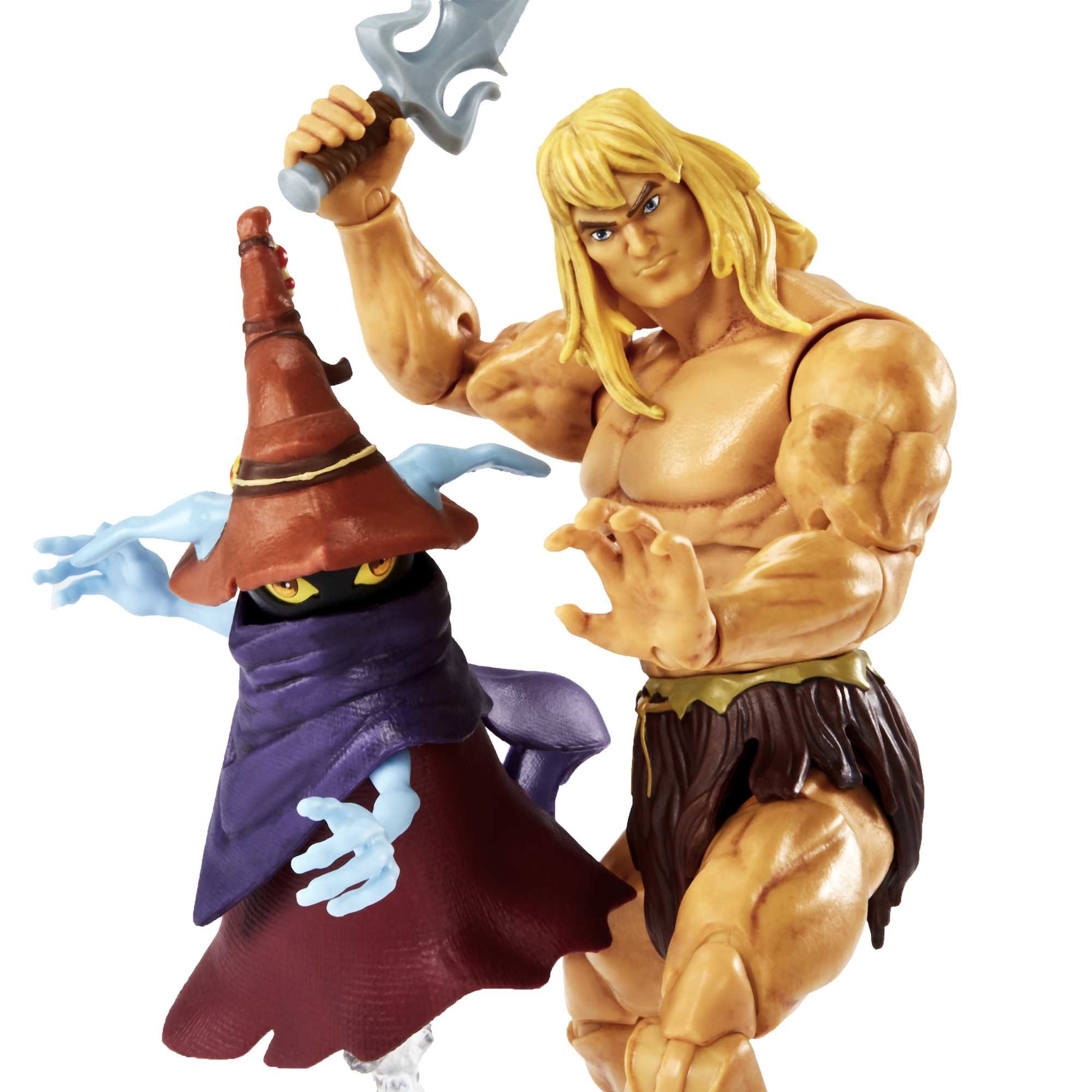 La figura di He-Man con la spada affronta Orko. He-Man è biondo e muscoloso, Orko è piccolo, blu e col cappuccio.