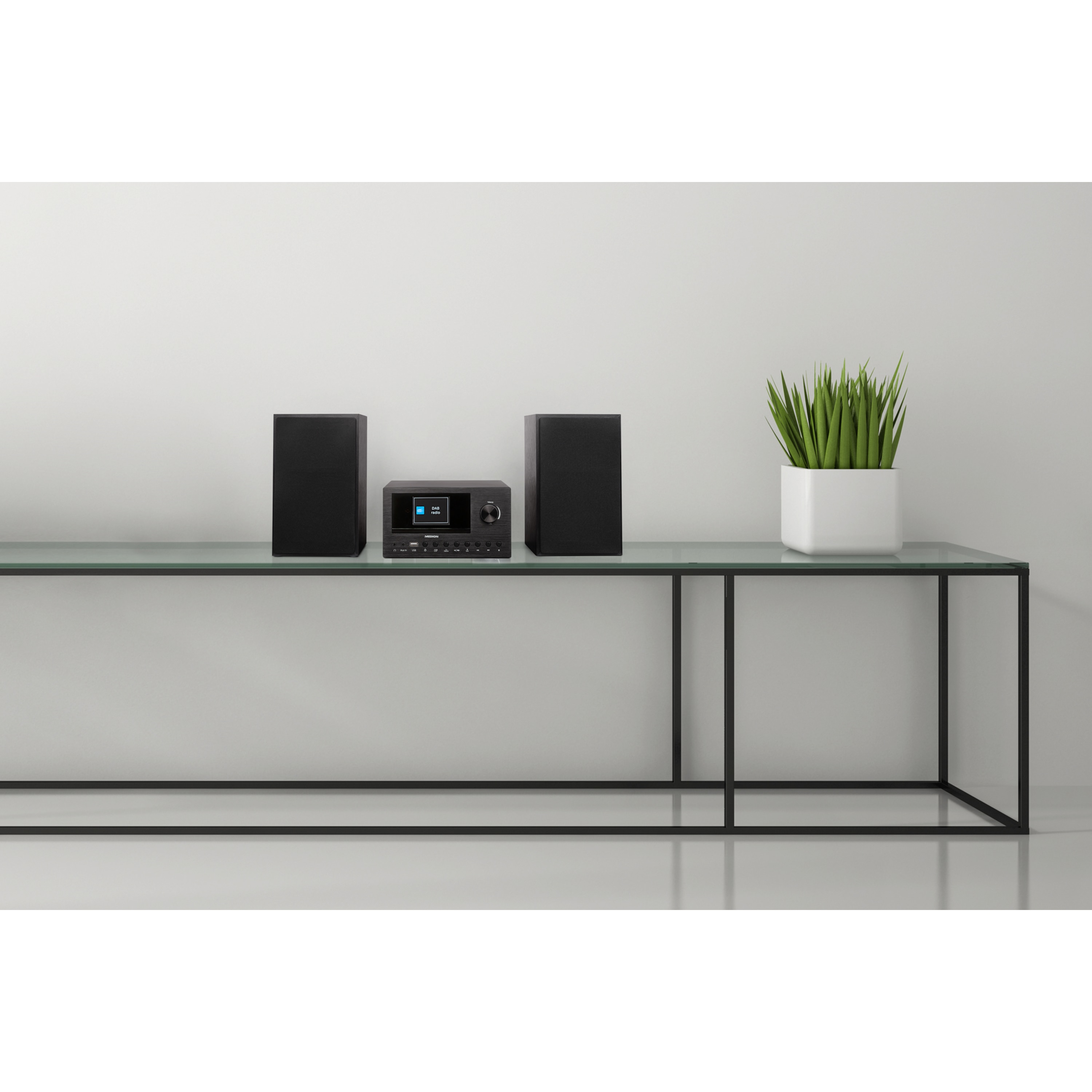 Una configuración multimedia moderna. Dos altavoces negros flanquean un pequeño estéreo. Una planta está a la derecha.
