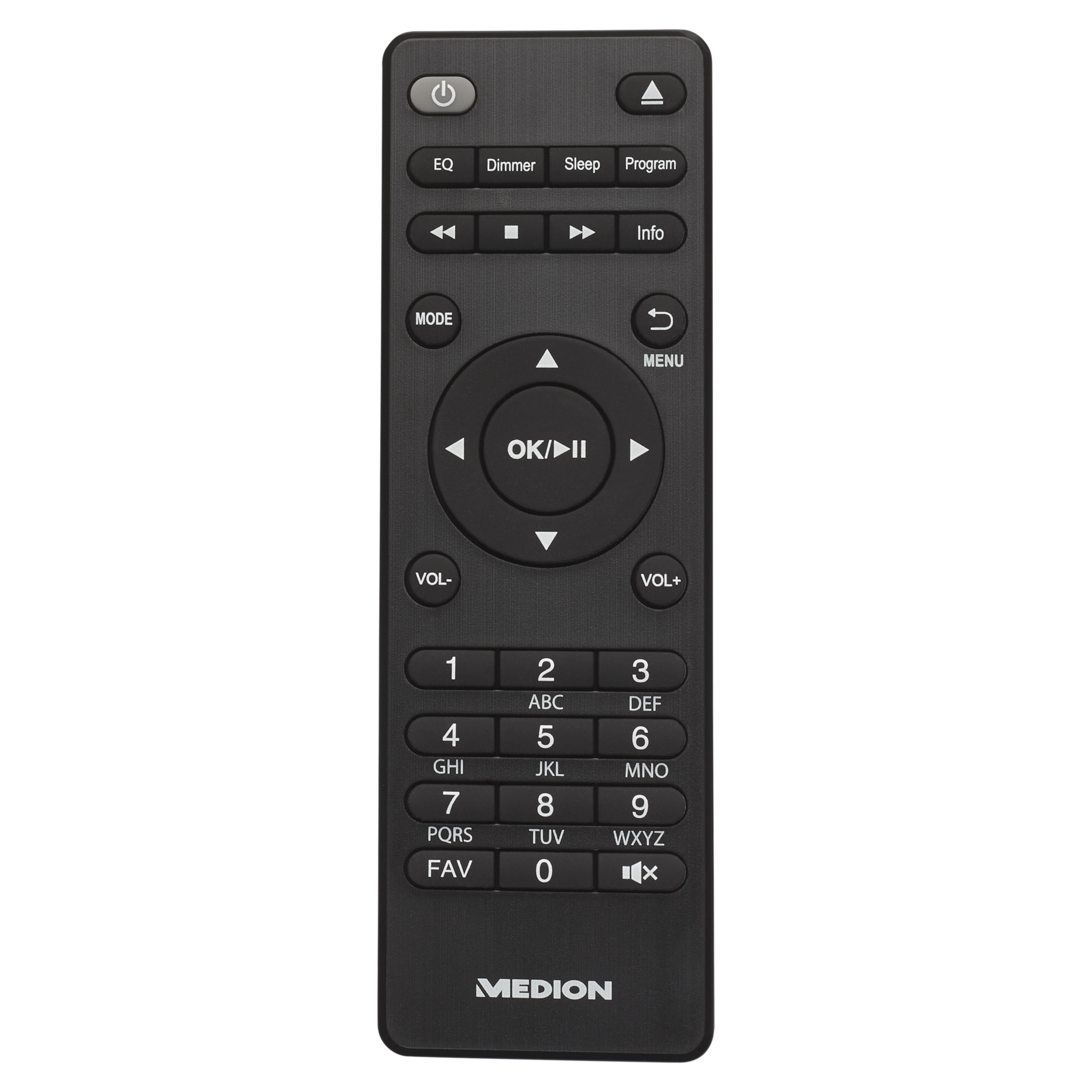 Mando a distancia Medion negro con botones de encendido, volumen, números y menú.