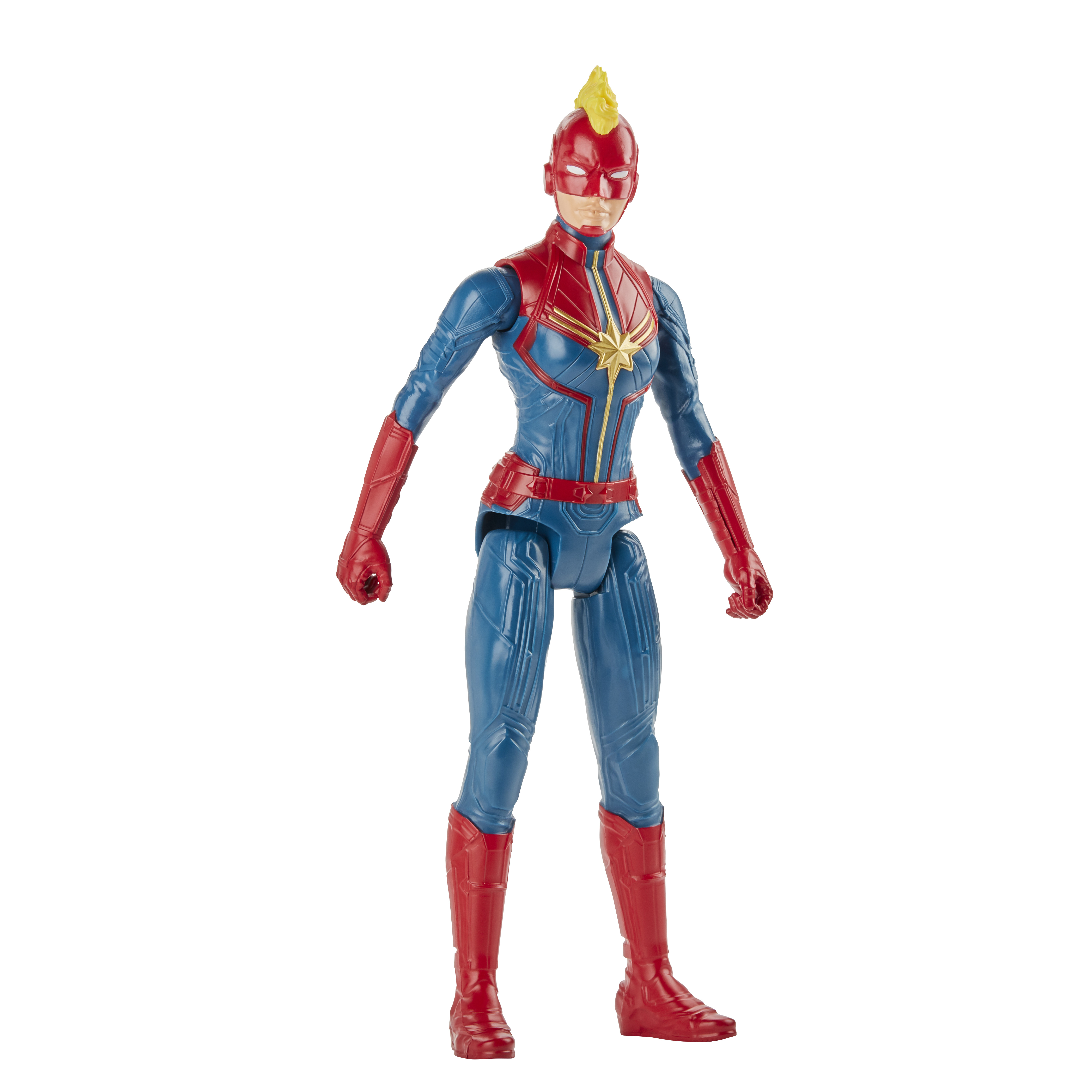 Una action figure di Captain Marvel su sfondo bianco. Indossa un costume blu, rosso e oro con un ciuffo giallo.