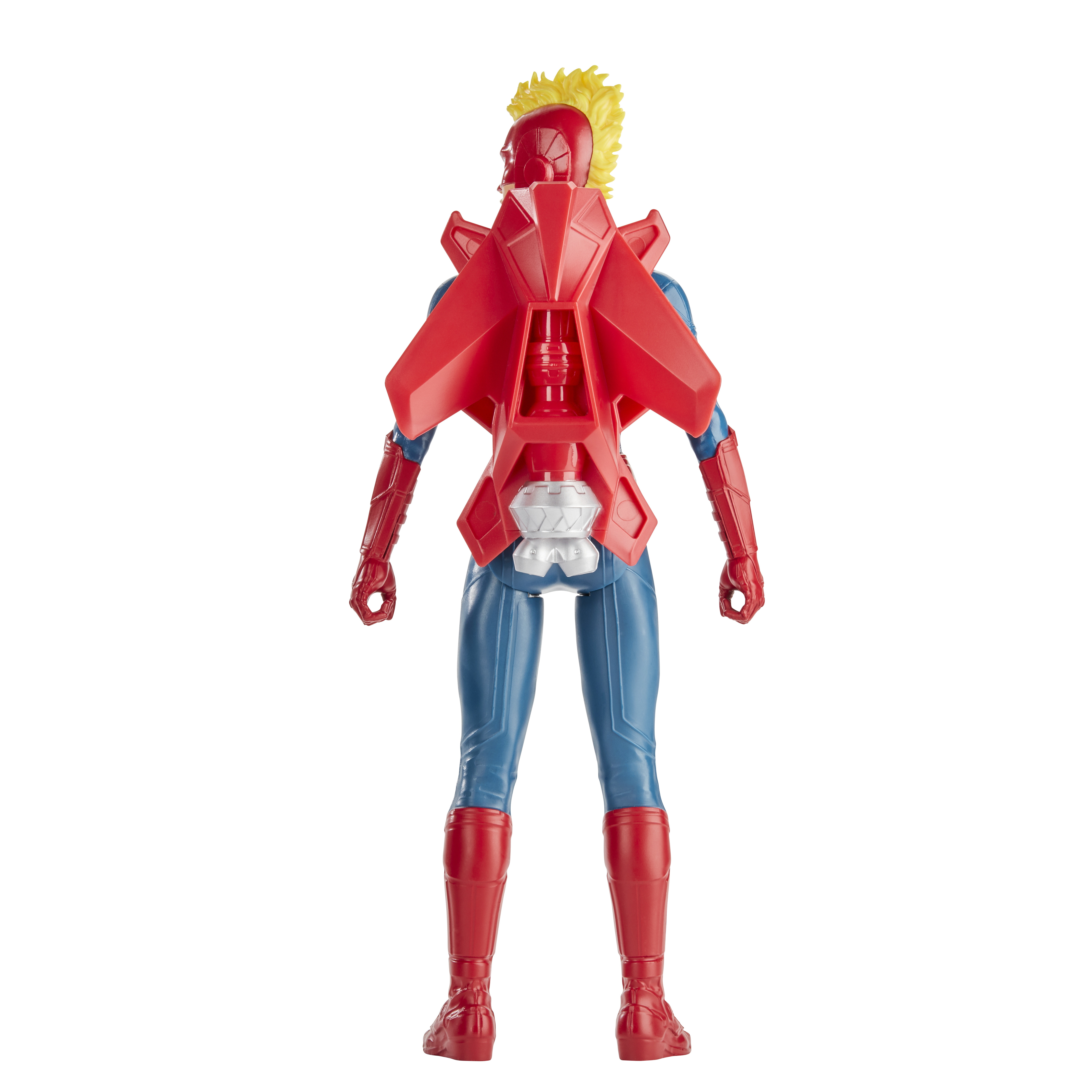 Action figure di Captain Marvel, vista posteriore. Abito rosso e blu, jetpack rosso, capelli gialli, sfondo bianco.