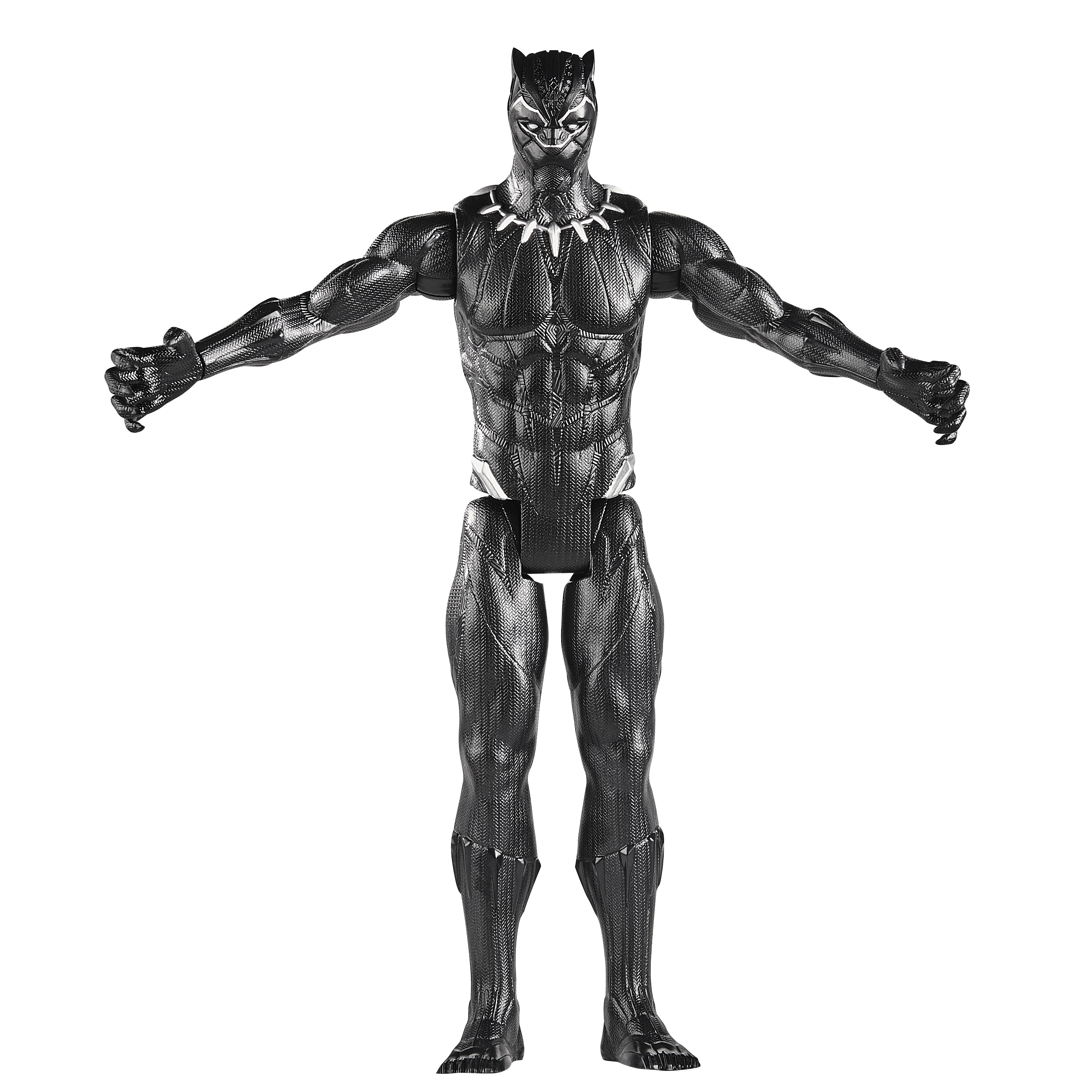 Un personaggio di Black Panther in piedi con le braccia tese. È nero e ha uno sfondo bianco.