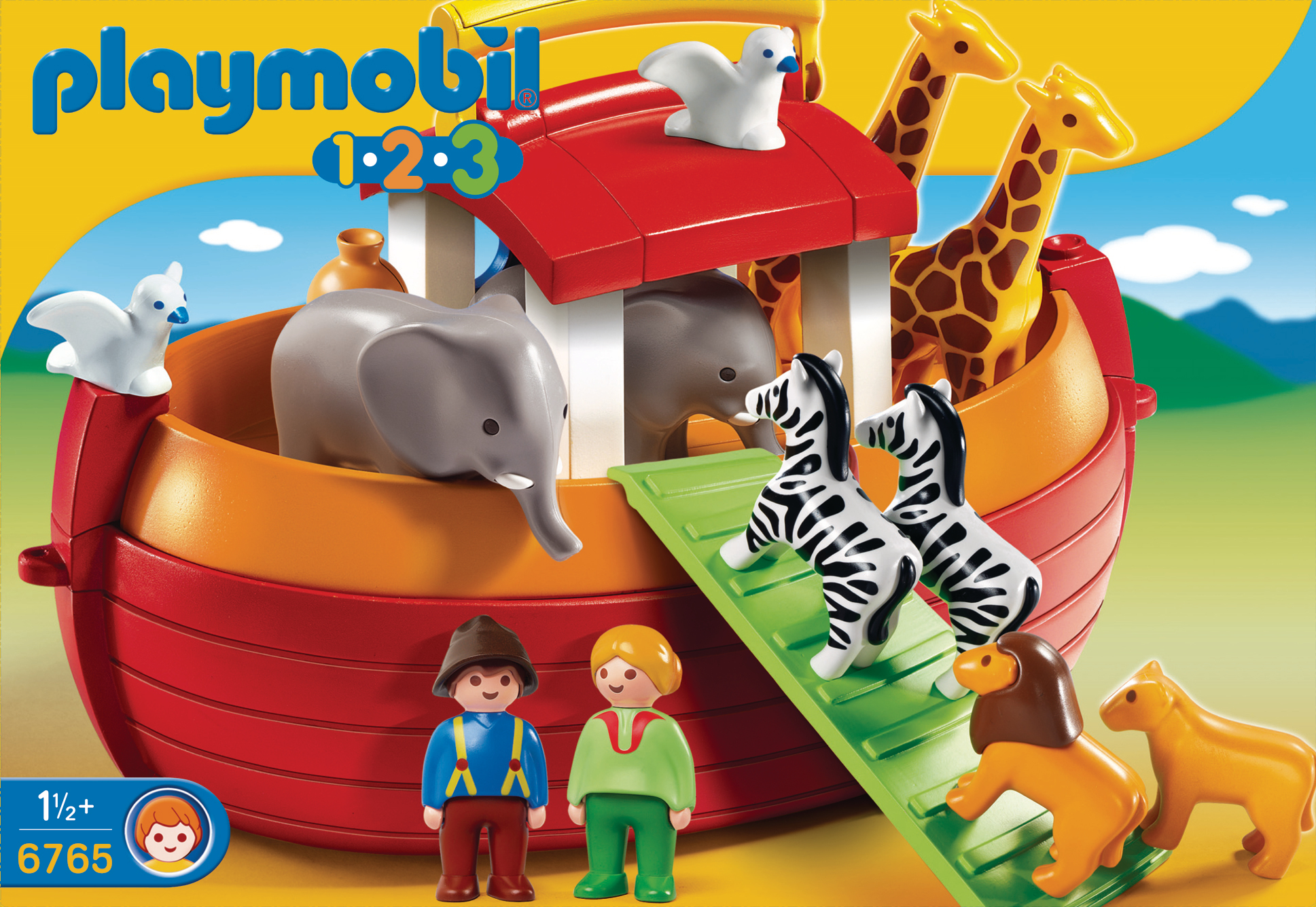 Playmobil Arche Noah Spielset. Enthält Arche mit Tieren, Giraffen, Zebras, Löwen, Taubenfiguren und zwei menschlichen Figuren.