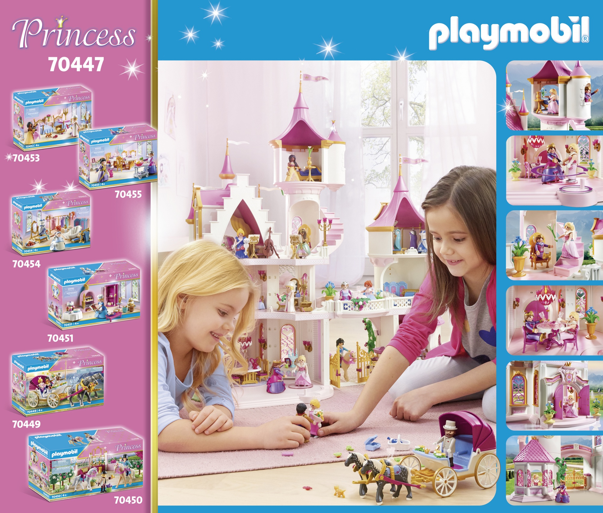 Zwei Mädchen spielen mit einem Playmobil-Prinzessinnenschloss und einem Kutschenset. Schachteln mit den Sets befinden sich links.