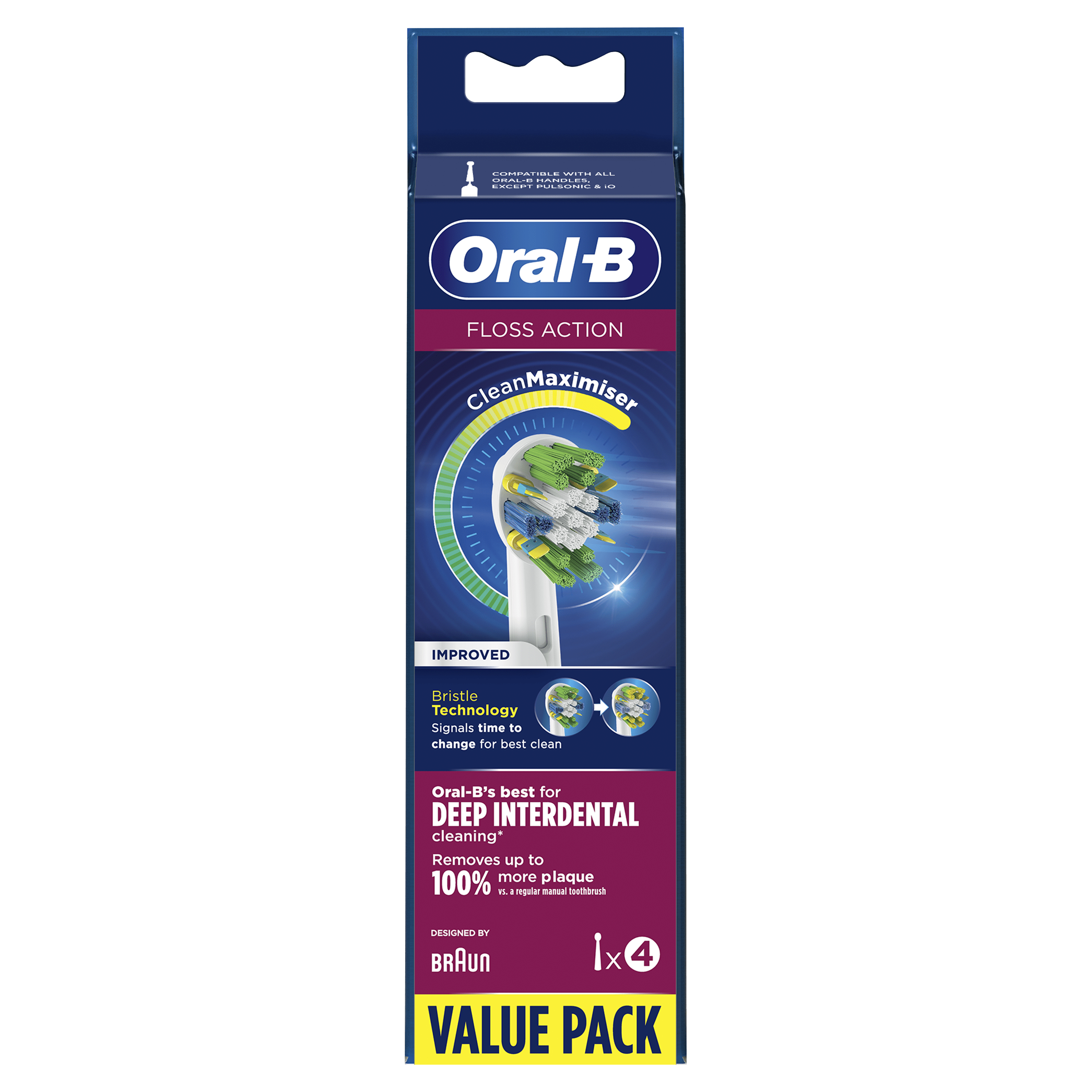 Opakowanie końcówek Oral-B Floss Action. Białe i zielone włosie. Napis 'Value Pack' i '1x4'.