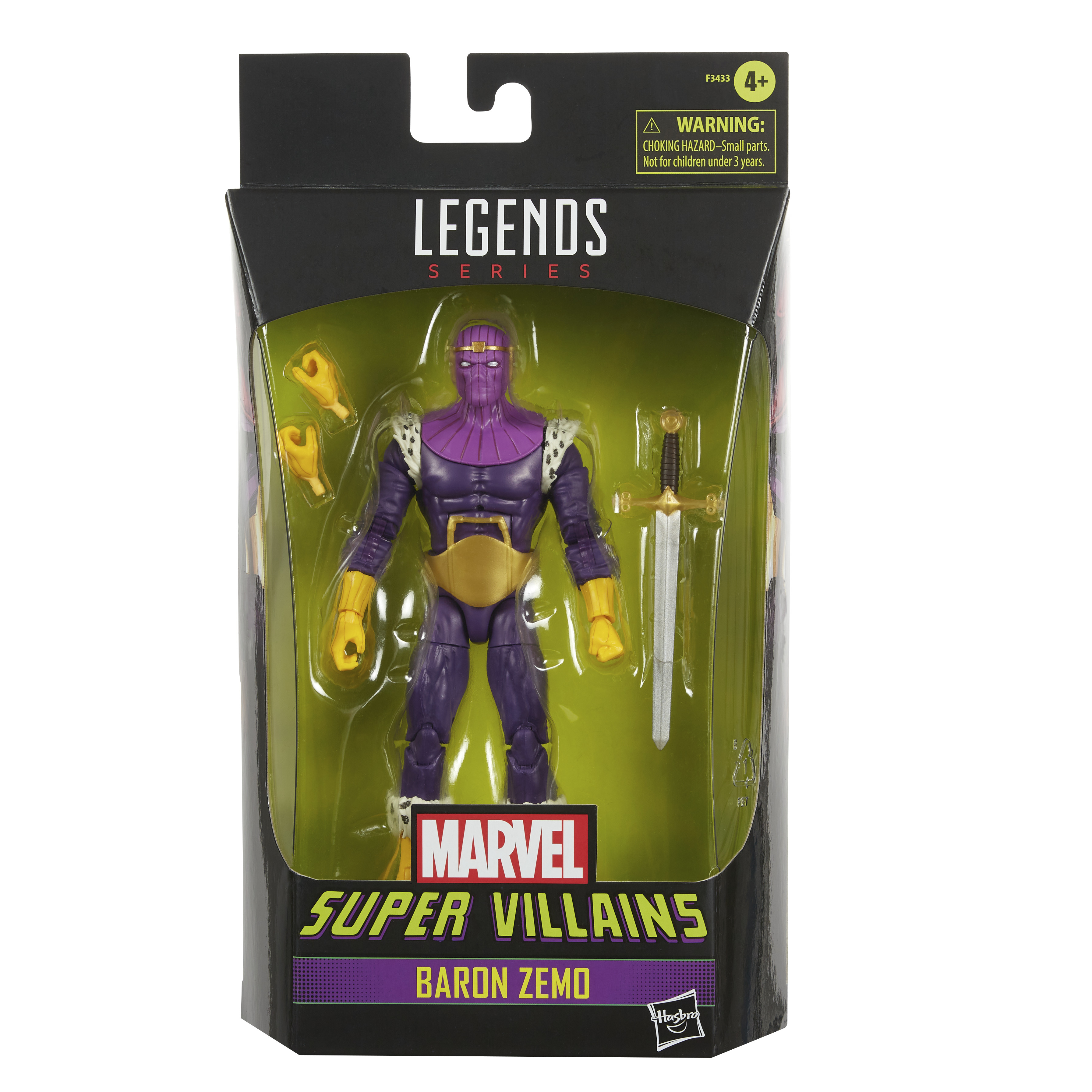 Action figure di Baron Zemo nella confezione. Indossa viola e oro. La confezione dice Marvel Super Villains.