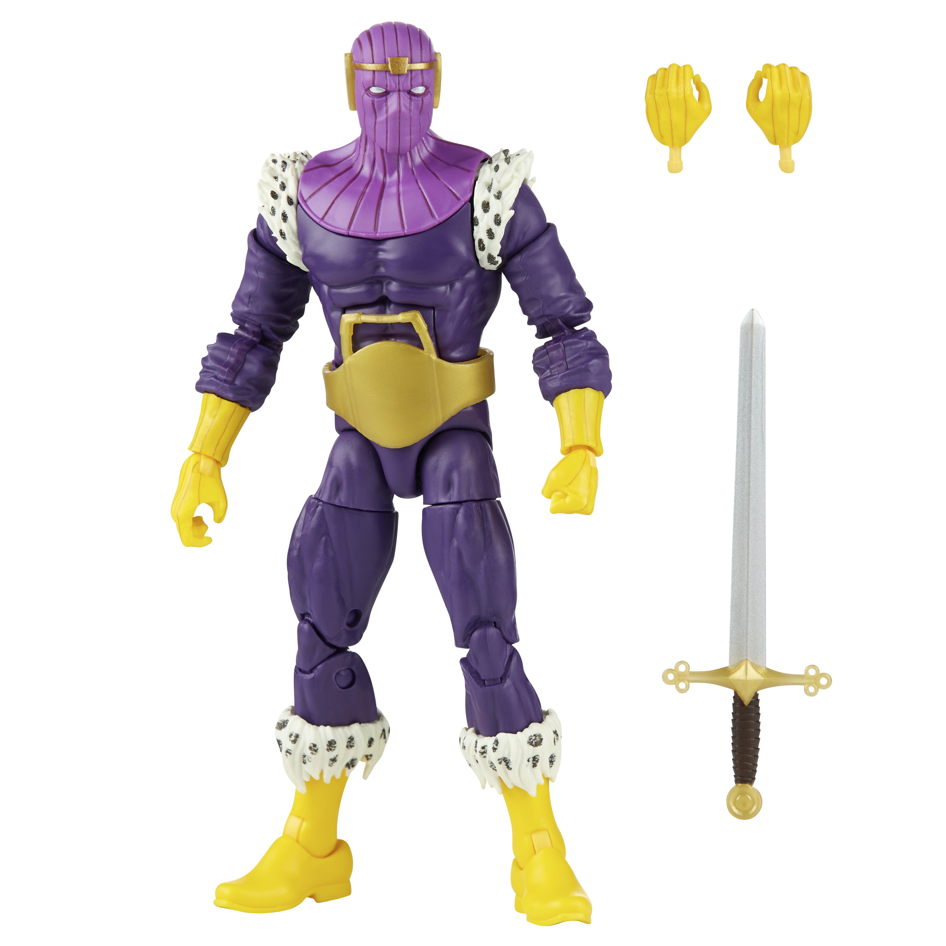 Action figure di un personaggio mascherato viola con guanti e stivali gialli, con una spada d'argento e mani extra.