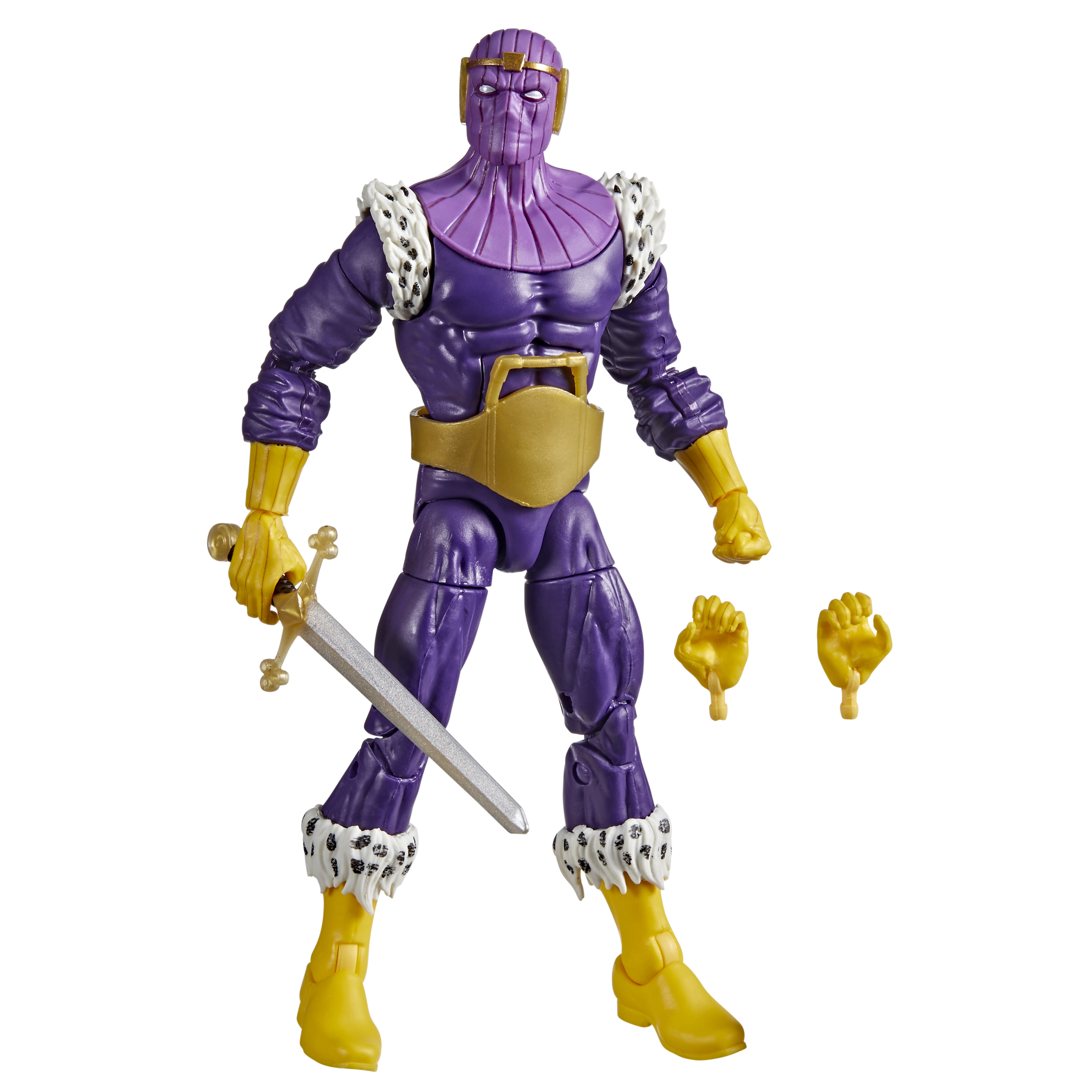 Action figure di un personaggio mascherato viola con spada e mani alternative, con dettagli gialli e cintura dorata.