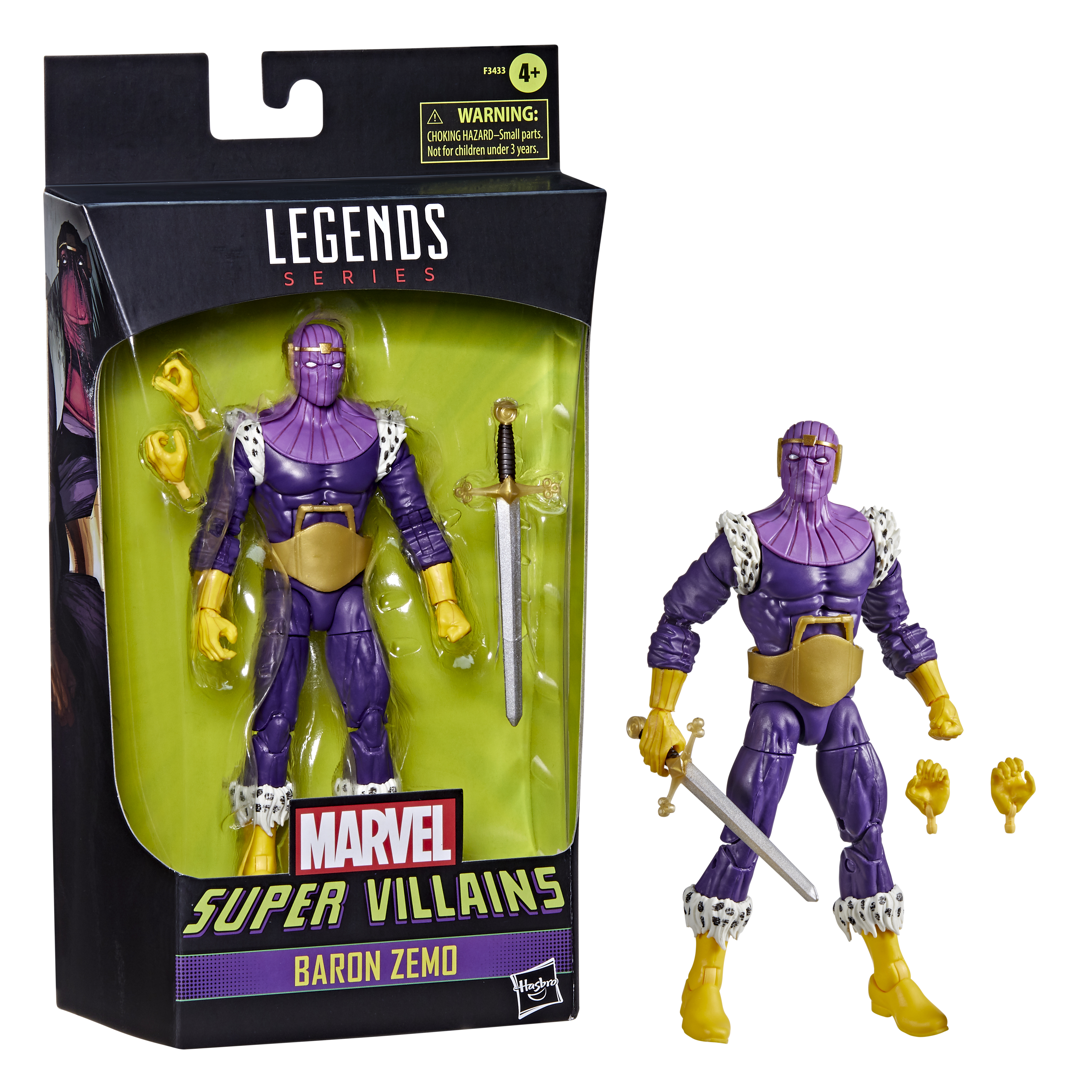 Action figure di Baron Zemo in confezione, un supercriminale Marvel. Tuta viola, guanti gialli e spada.