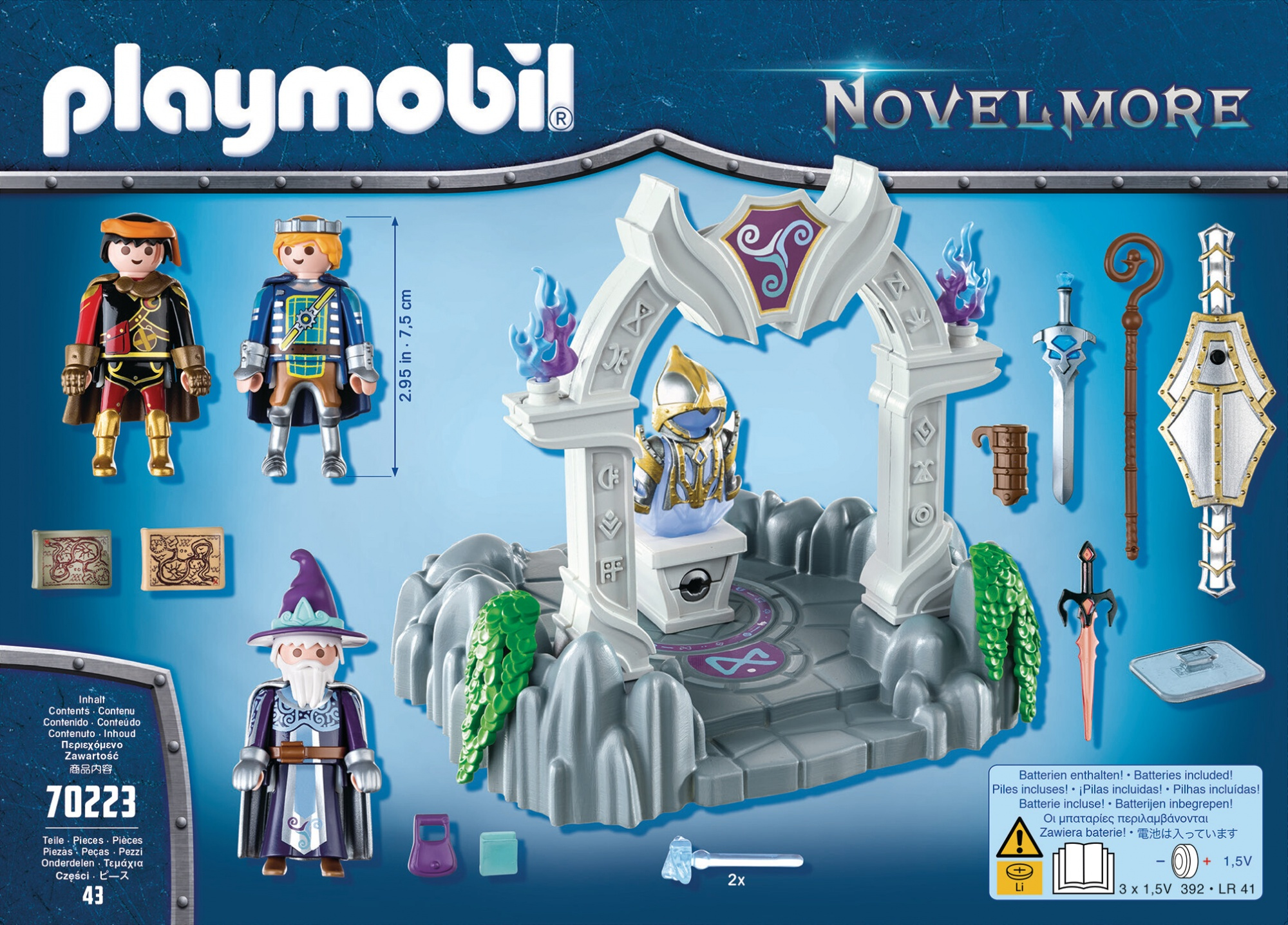Zestaw Playmobil Novelmore. Figurki, łuk, miecze, tarcza i akcesoria są wyświetlane na niebieskim tle.