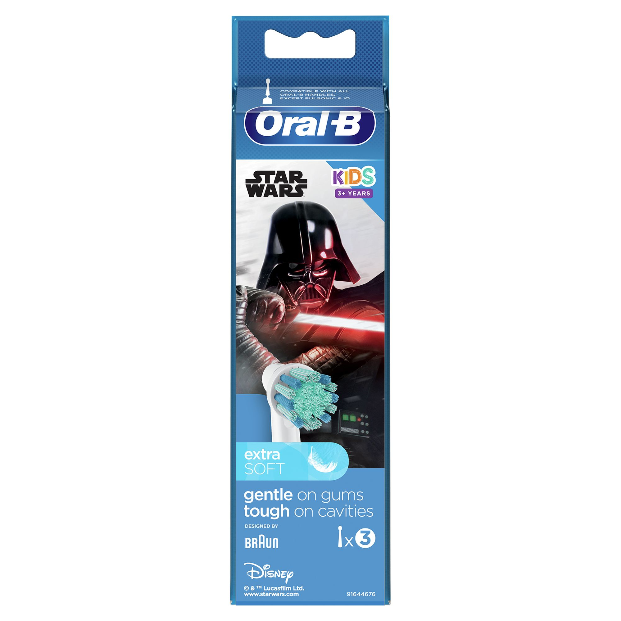 Zahnbürstenverpackung mit Darth Vader. Es ist Oral-B Kids, entworfen von Braun, mit Star Wars-Thema.
