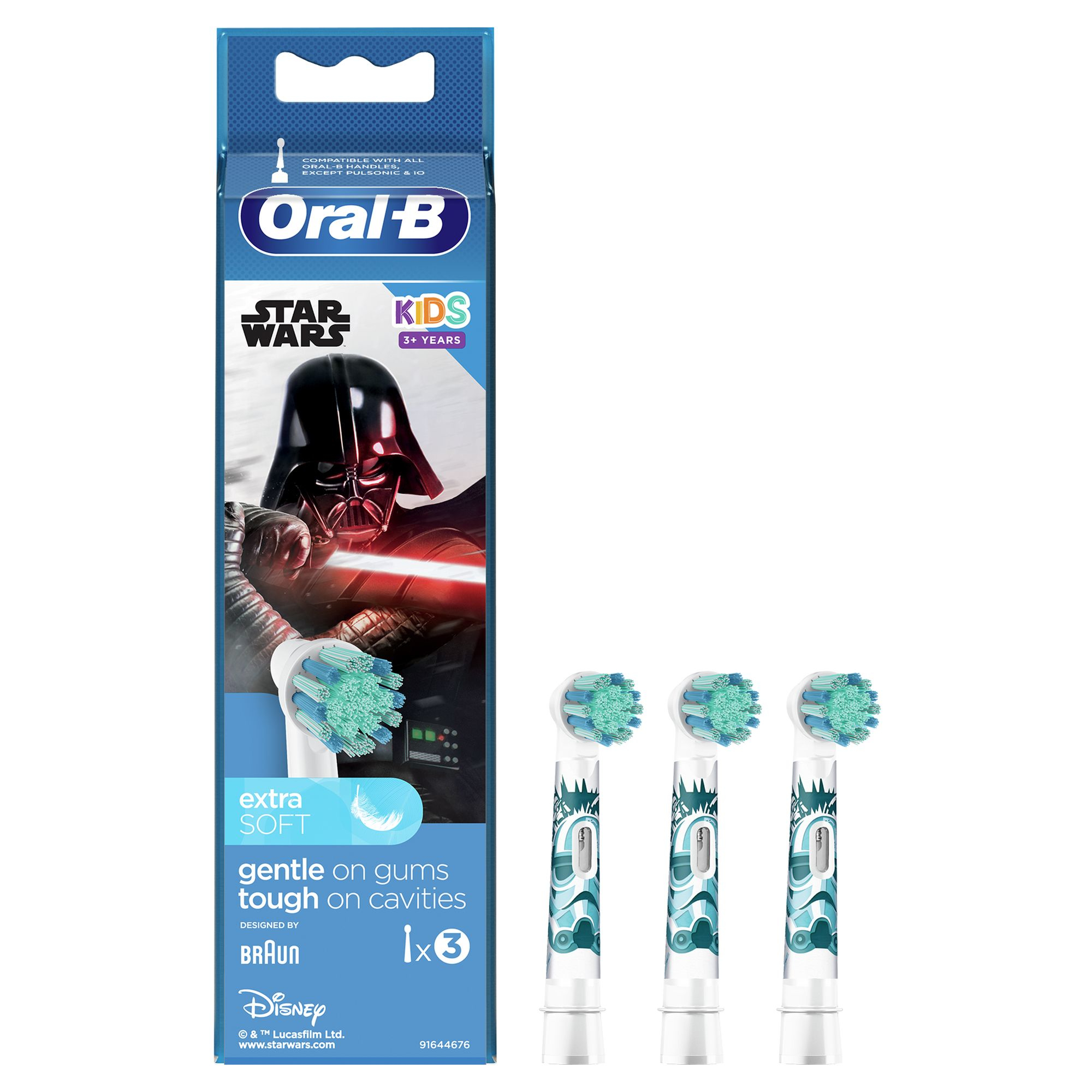 Oral-B Star Wars Kids Zahnbürstenköpfe. Verpackung mit Darth Vader. Drei Bürstenköpfe sind sichtbar.