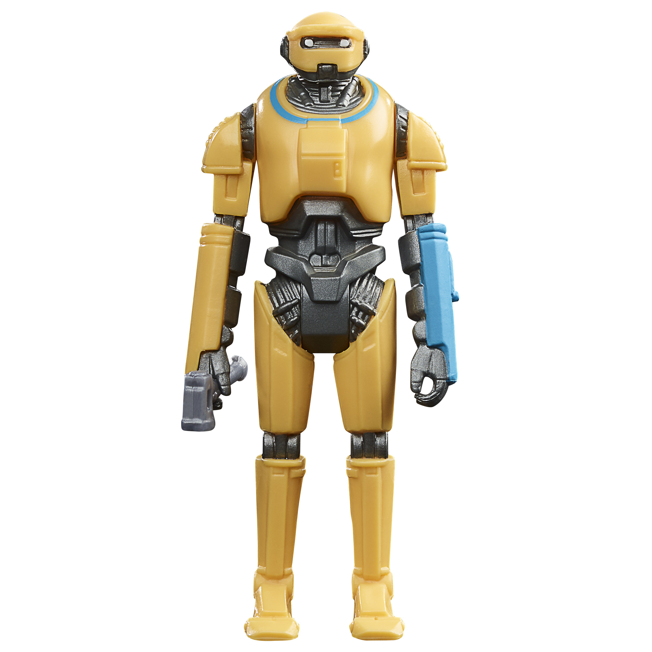 Un giocattolo robot giallo con dettagli neri e blu è su sfondo bianco. Tiene una pistola grigia.