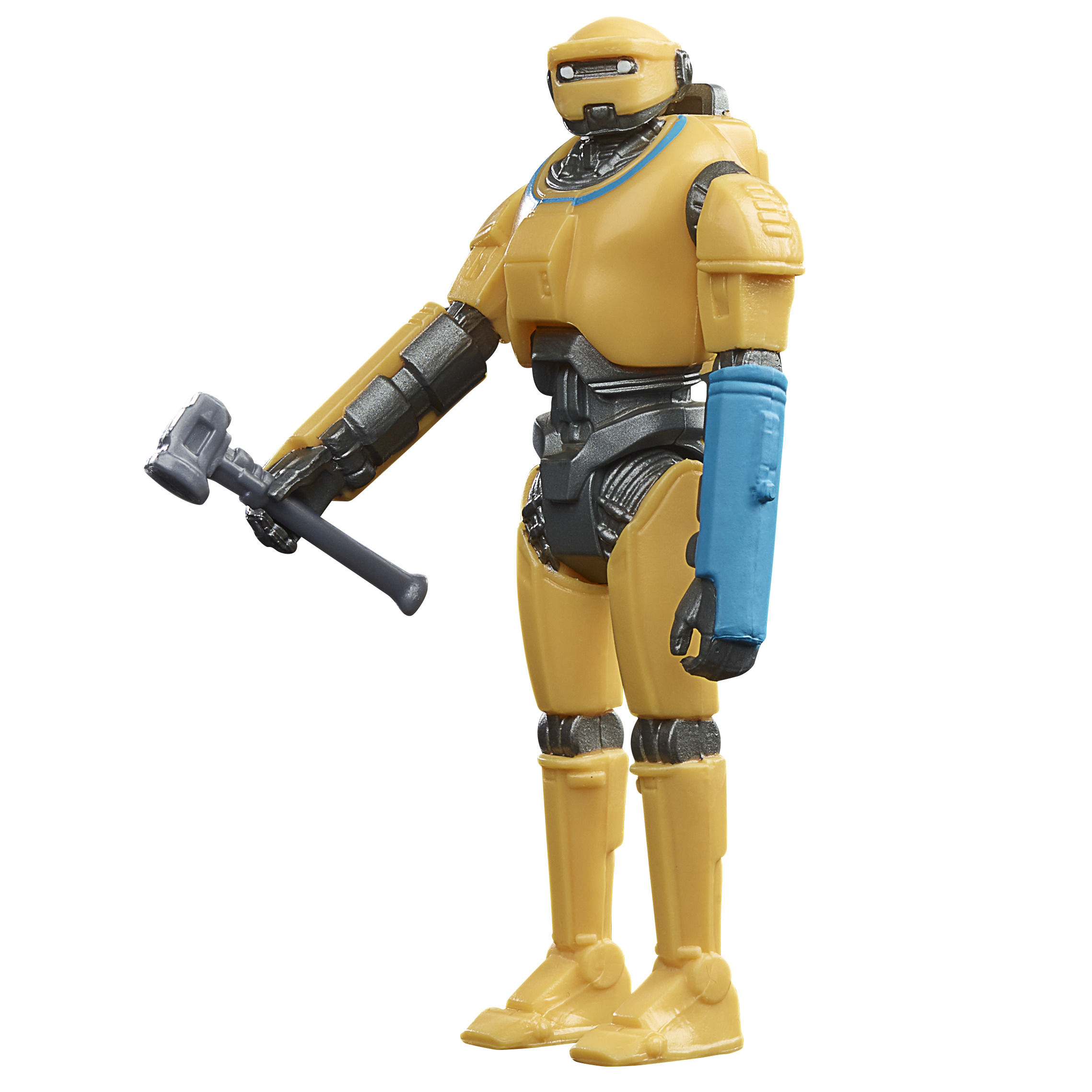 Un giocattolo robot giallo che tiene un martello grigio. Ha una protezione blu per il braccio e un busto grigio scuro.