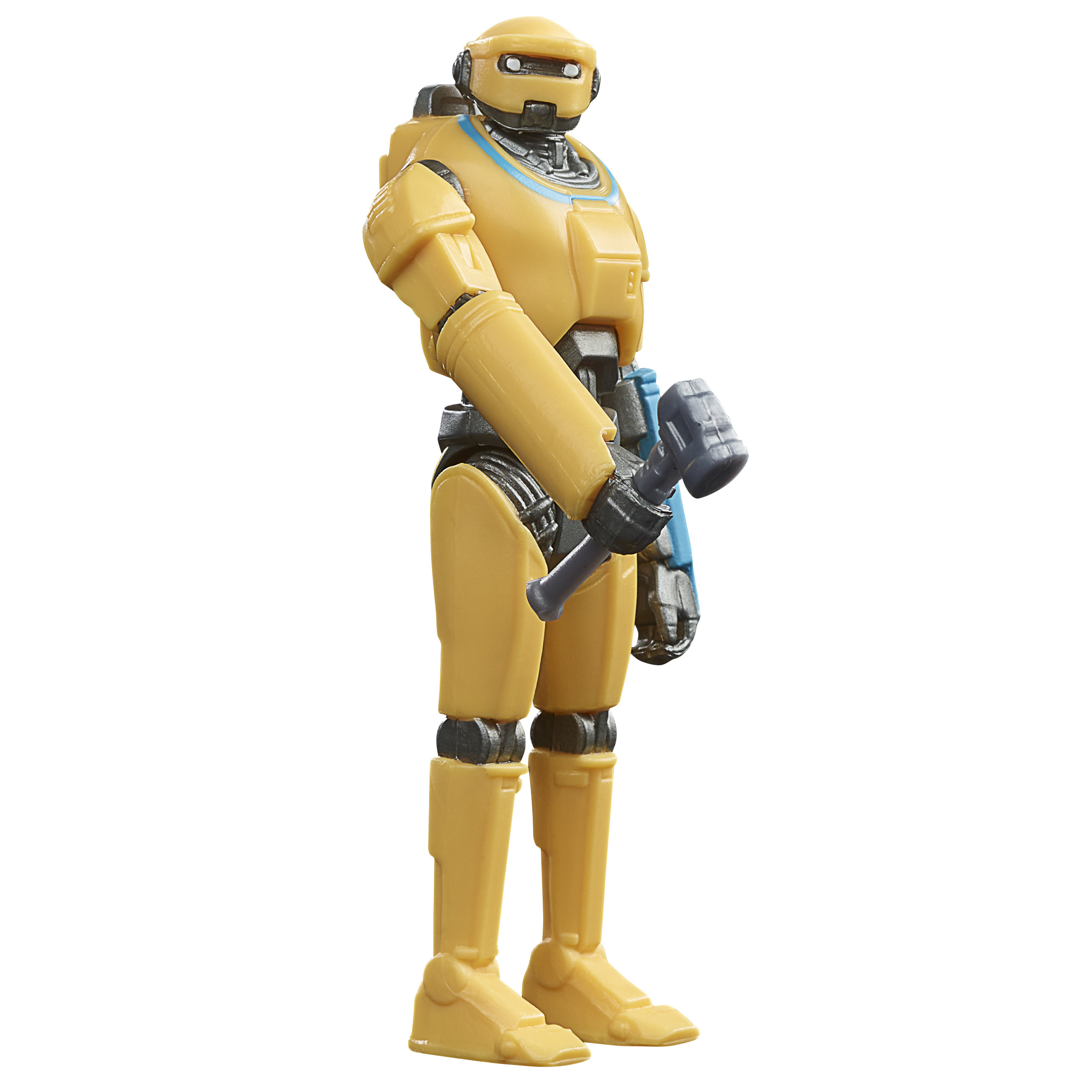 Una figura di robot giallo, che tiene un martello grigio. Si erge su sfondo bianco.