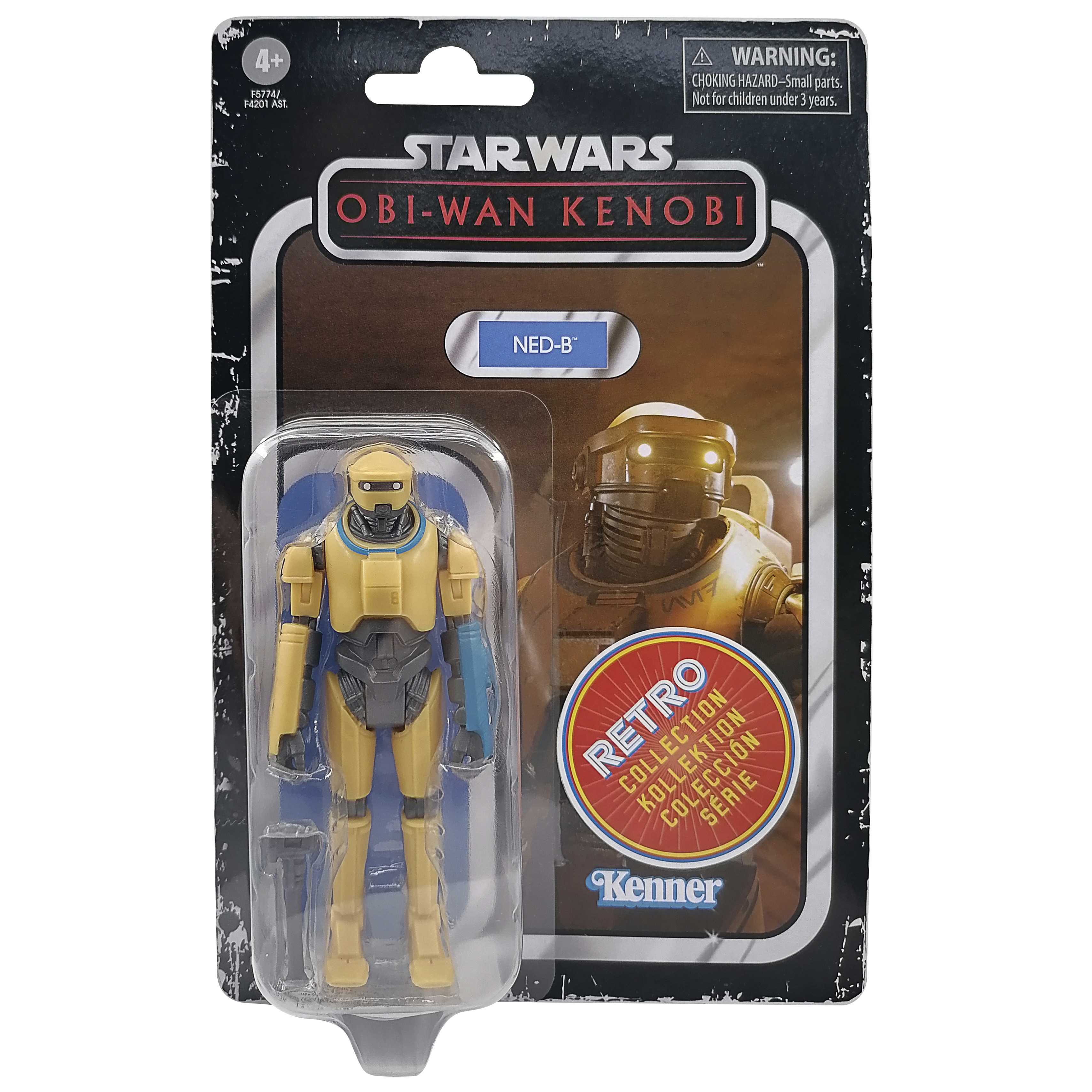 Action figure di Star Wars Obi-Wan Kenobi di NED-B nella confezione, un droide giallo con braccia blu.