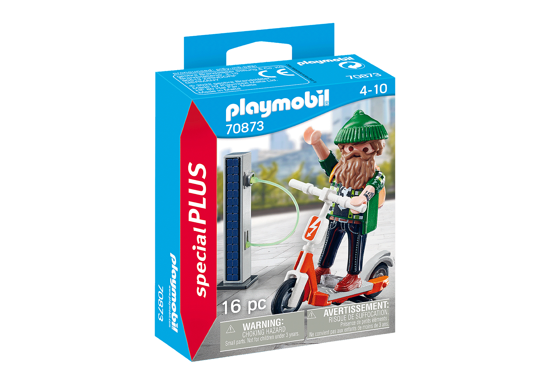 Zestaw pudełkowy Playmobil z figurką na skuterze ładującym się przy panelu słonecznym. Postać ma brodę i zielony kapelusz.