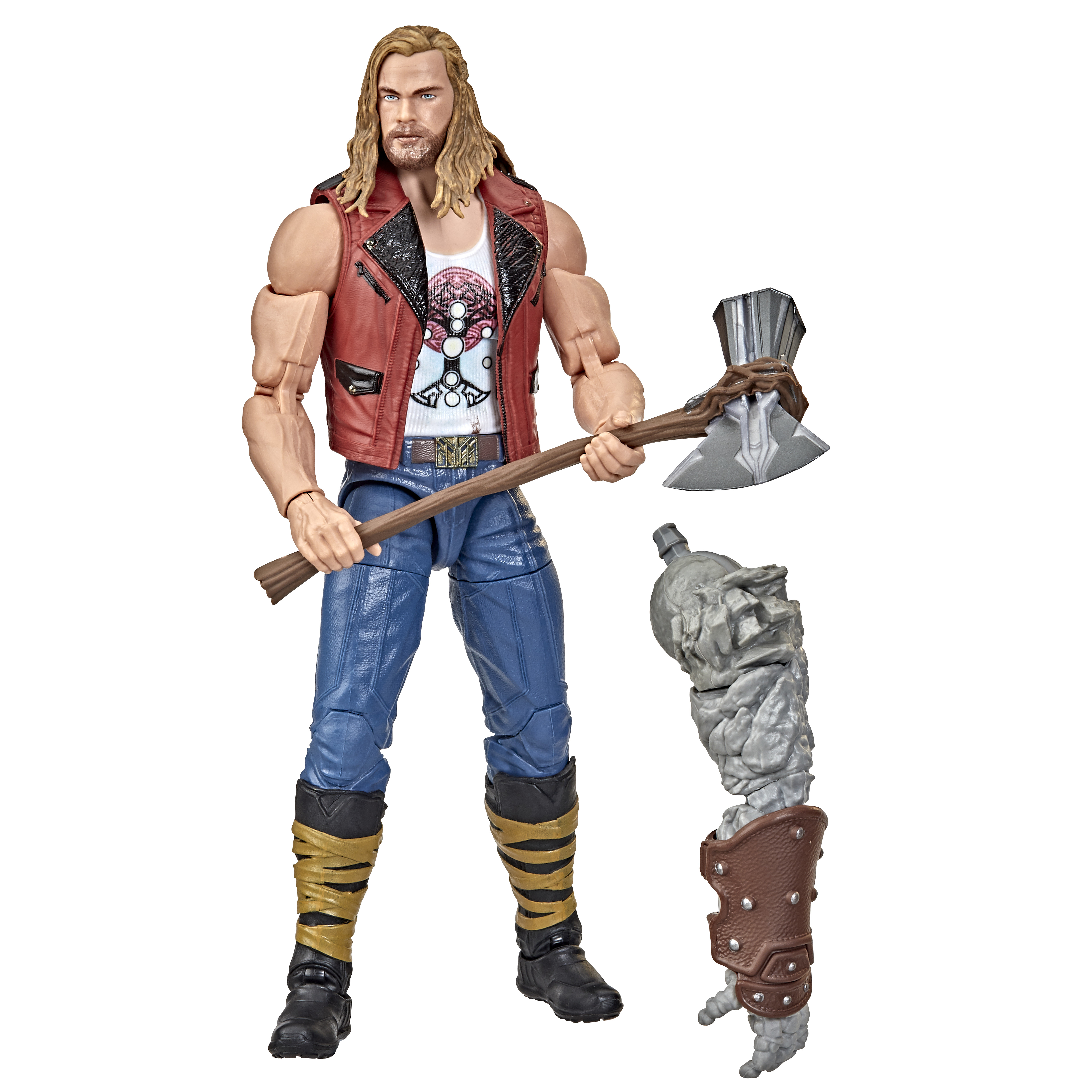Action figure di Thor con ascia e braccio di pietra. Indossa un gilet rosso, pantaloni blu e stivali neri. Sfondo bianco.