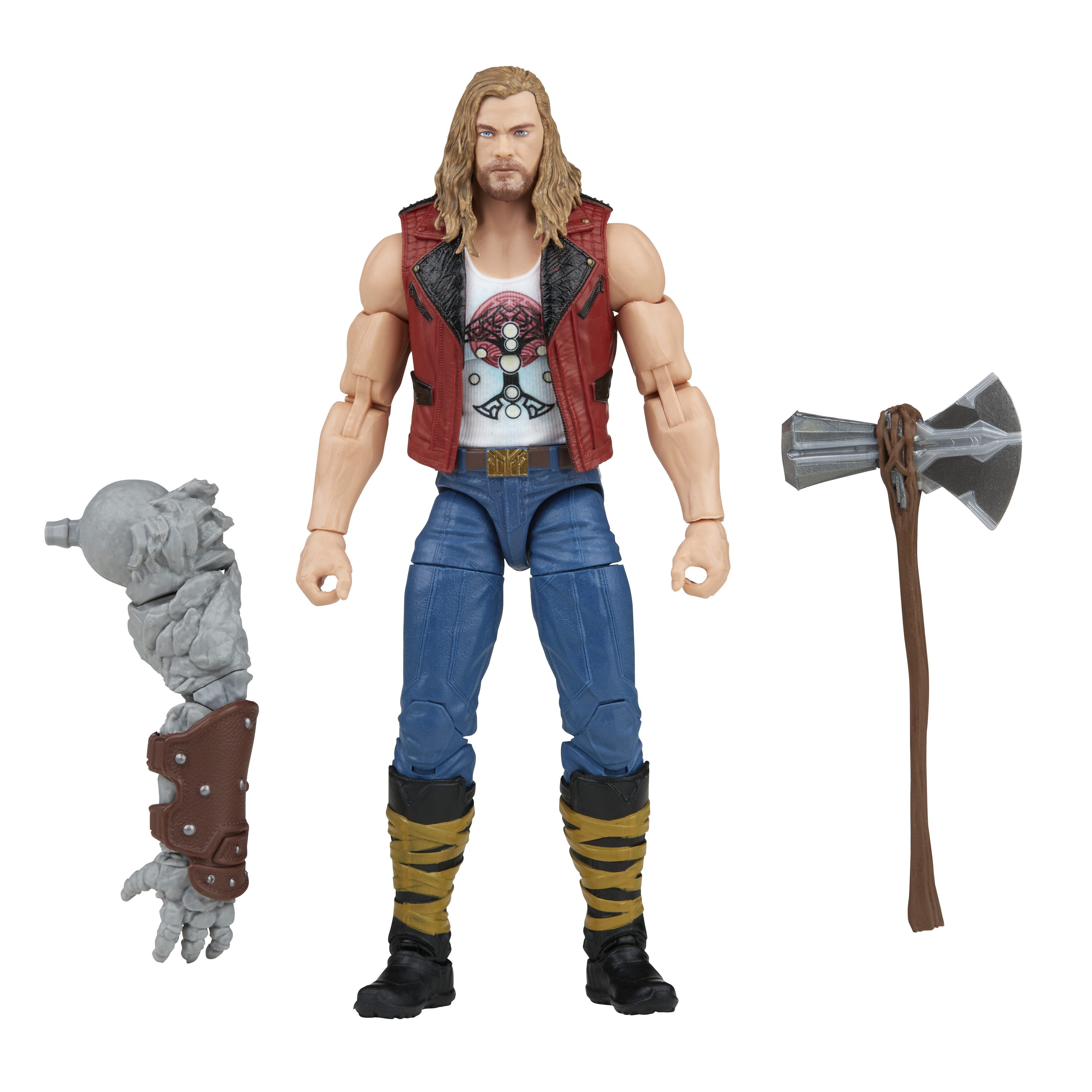 Action figure di Thor con un'ascia e un braccio robotico. Indossa un gilet, jeans e stivali. Sfondo bianco.
