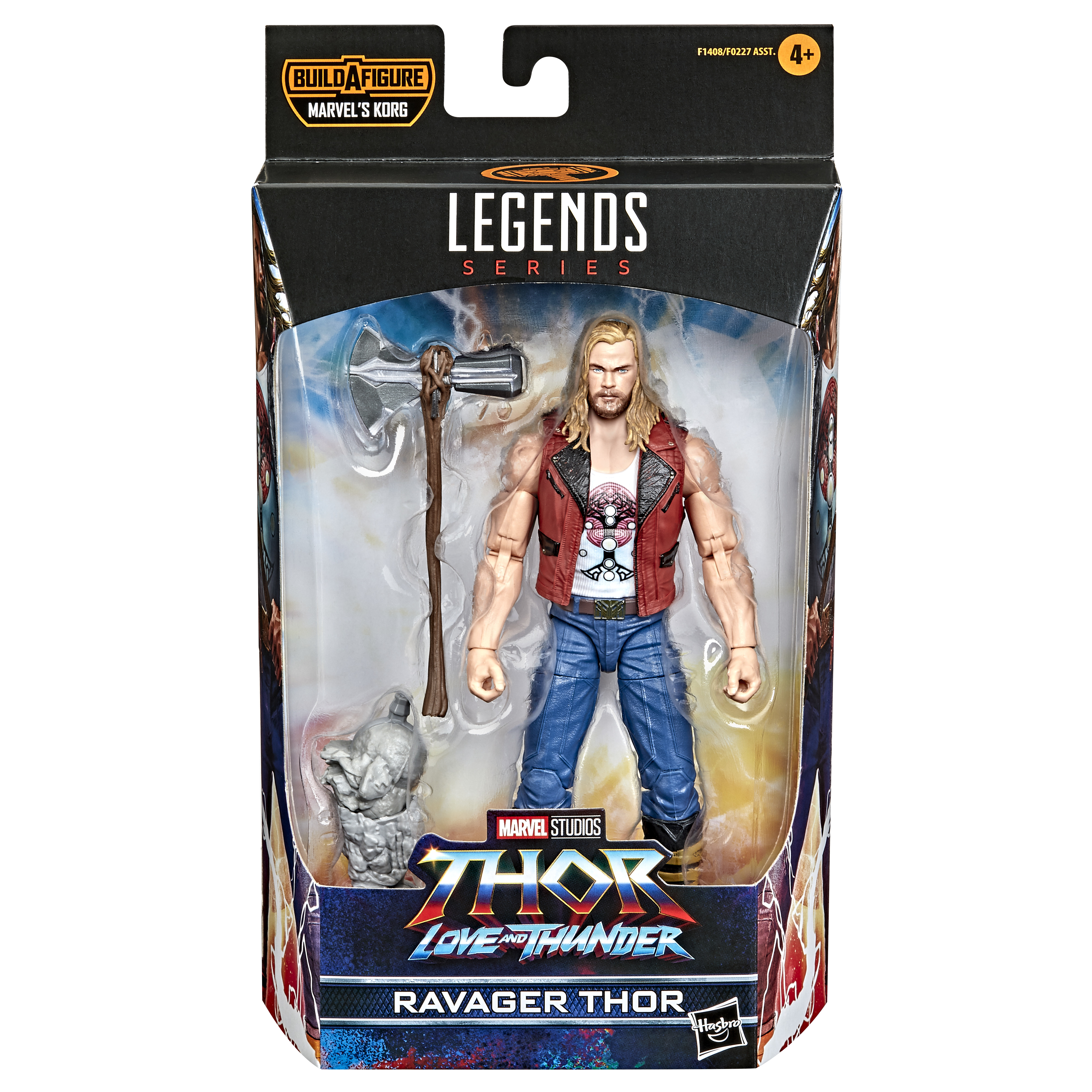 Un giocattolo di Ravager Thor in una scatola. Indossa un gilet rosso, jeans blu e tiene un'ascia. La scatola è nera con grafica.