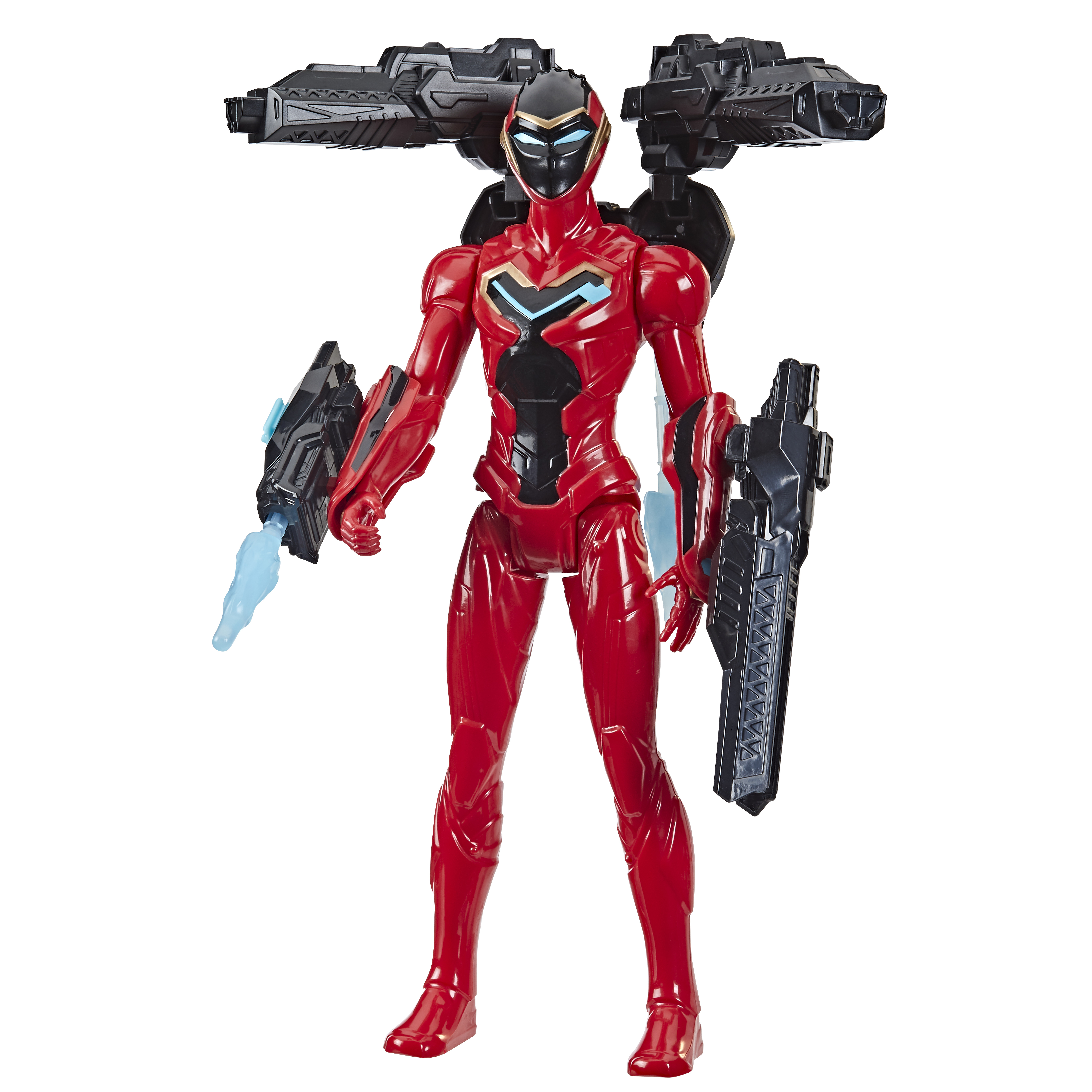 Un action figure rossa, con dettagli neri, armi nere e un elmetto nero e oro. Ha esplosioni di energia blu.