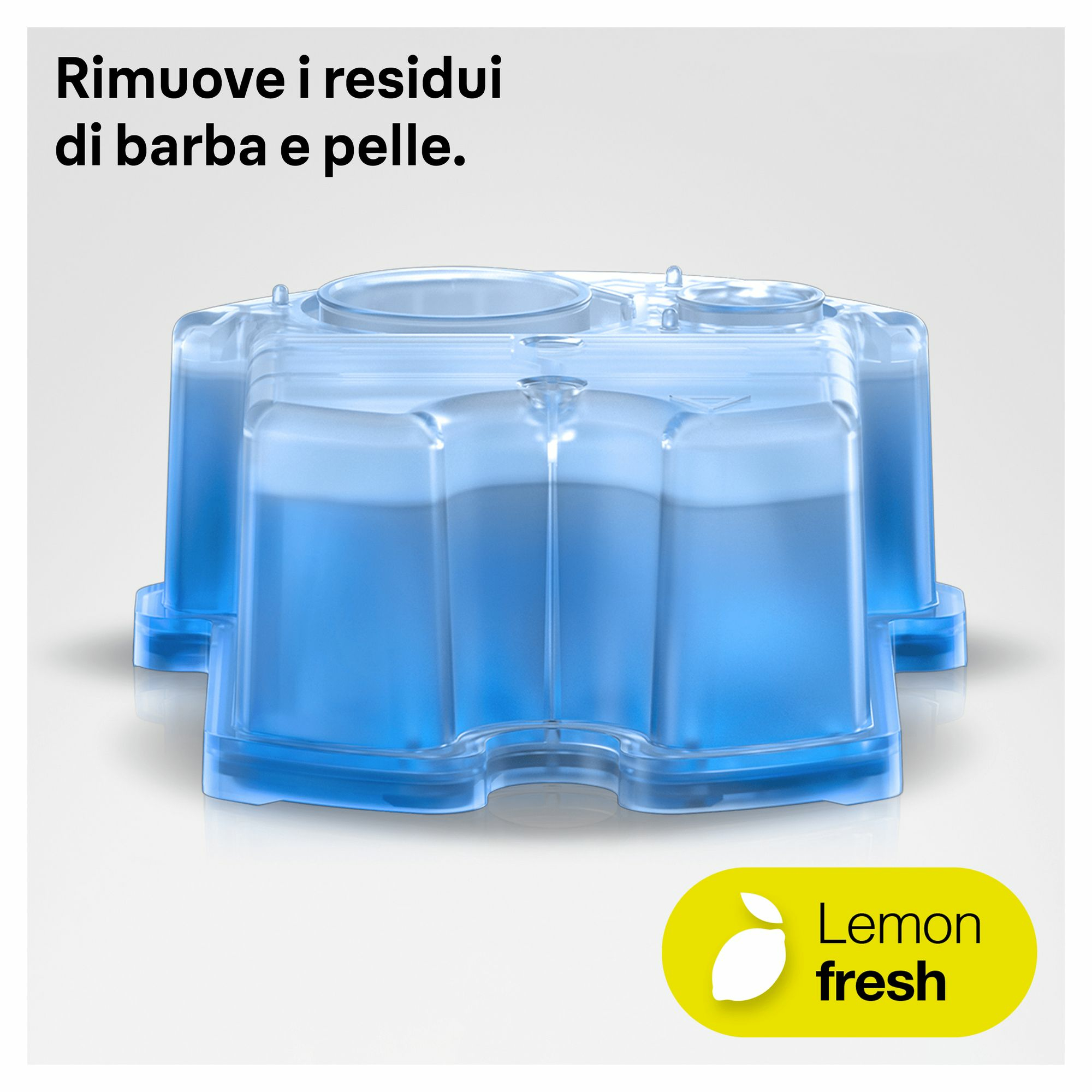 Mavi, şeffaf bir kap içinde sıvı ve sarı bir 'Lemon fresh' etiketi.