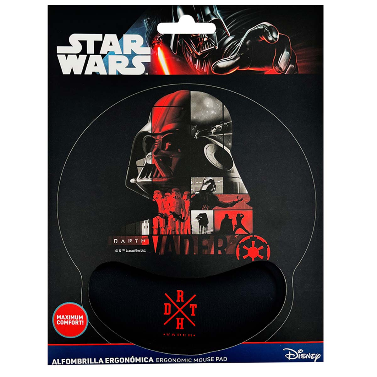 Ein Star Wars-Mauspad mit Darth Vaders Bild. Das Pad ist schwarz, mit Handgelenkstütze und dem Disney-Logo.