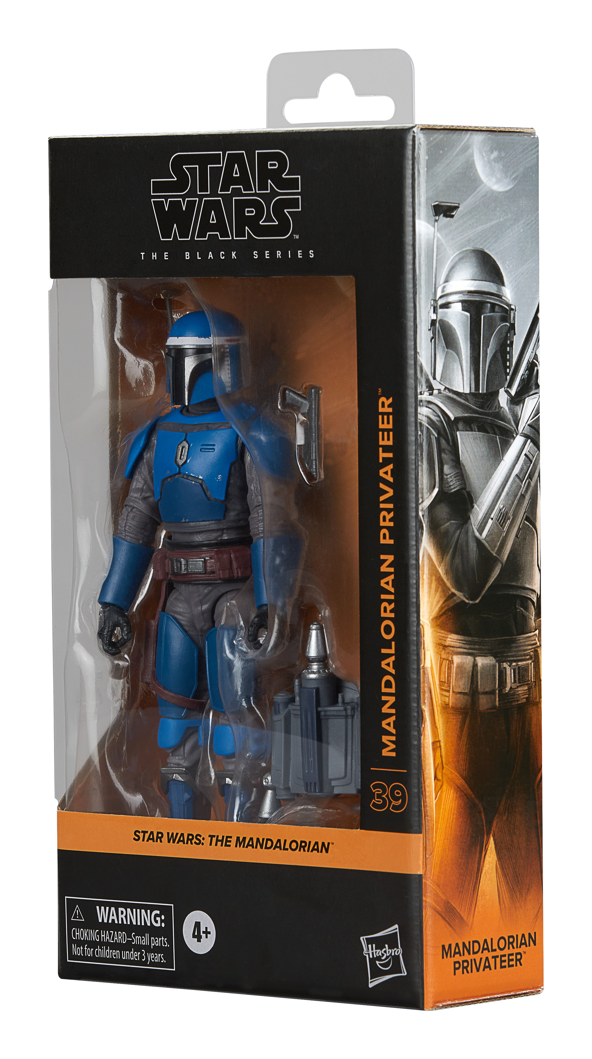 Un personaggio d'azione di Star Wars Mandalorian Privateer in una scatola. È blu e grigio. La scatola ha un'immagine del personaggio.