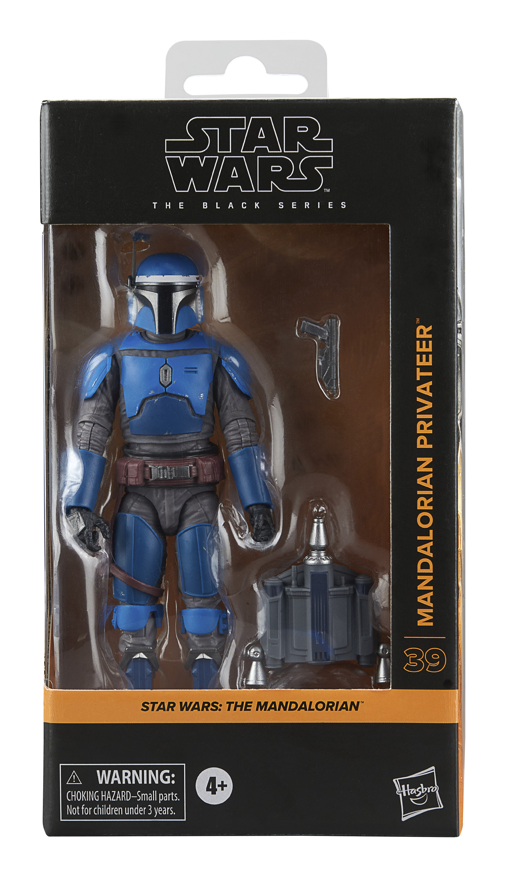 Un personaggio d'azione di Star Wars Mandalorian Privateer in una scatola. È una figura blu e grigia con accessori.