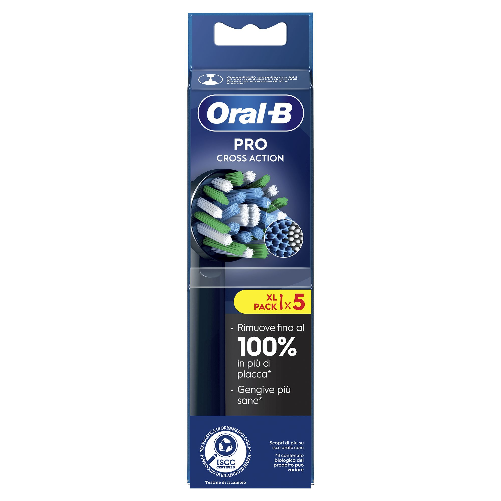 Oral-B Pro Cross Action Zahnbürstenköpfe. Die Verpackung zeigt Produktname und Angaben zur Plaque-Entfernung und gesünderem Zahnfleisch.