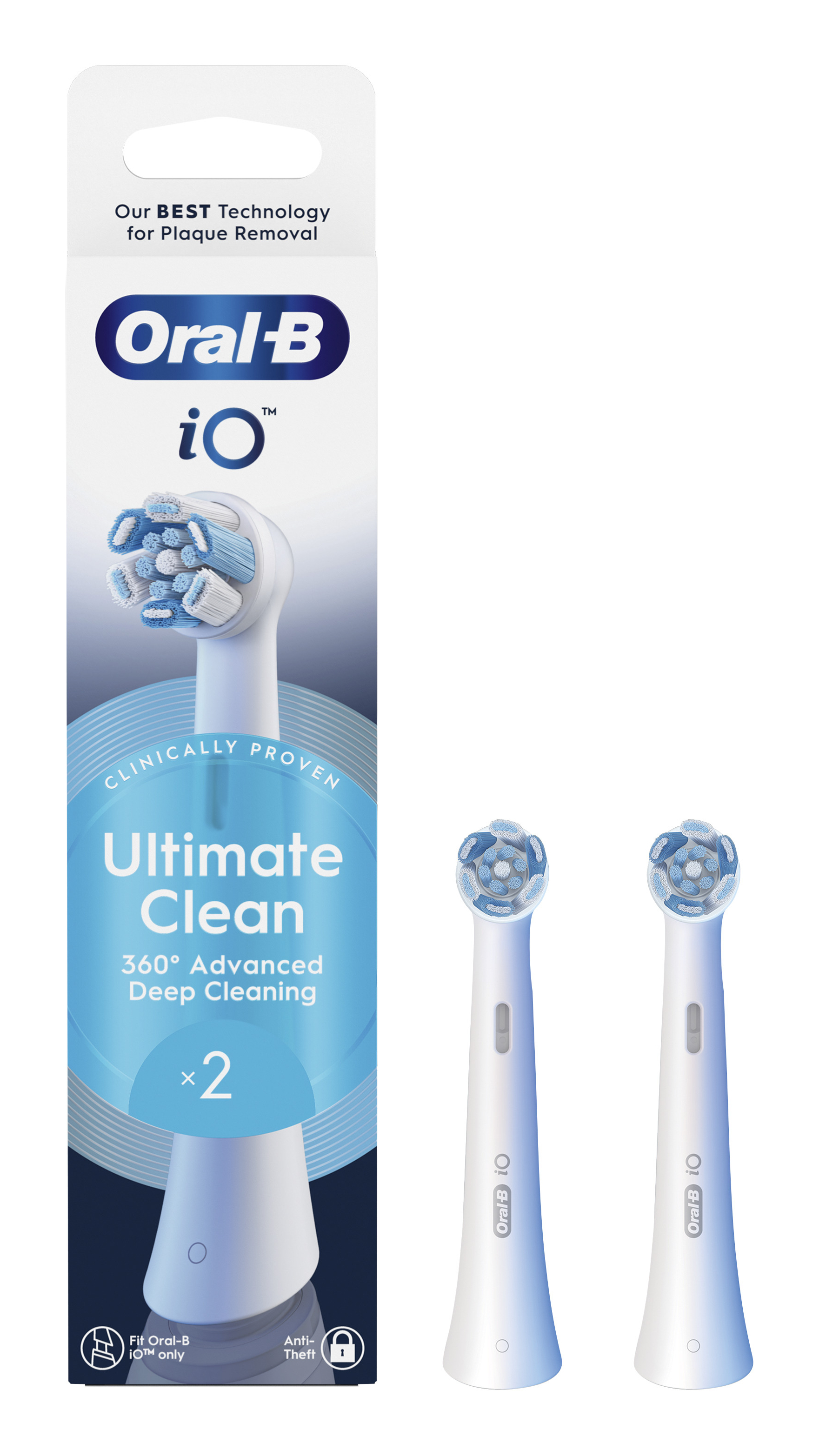Opakowanie przedstawia głowice szczoteczki do zębów Oral-B iO. Dwie głowice leżą obok opakowania. Na opakowaniu napisano 'Ultimate Clean'.