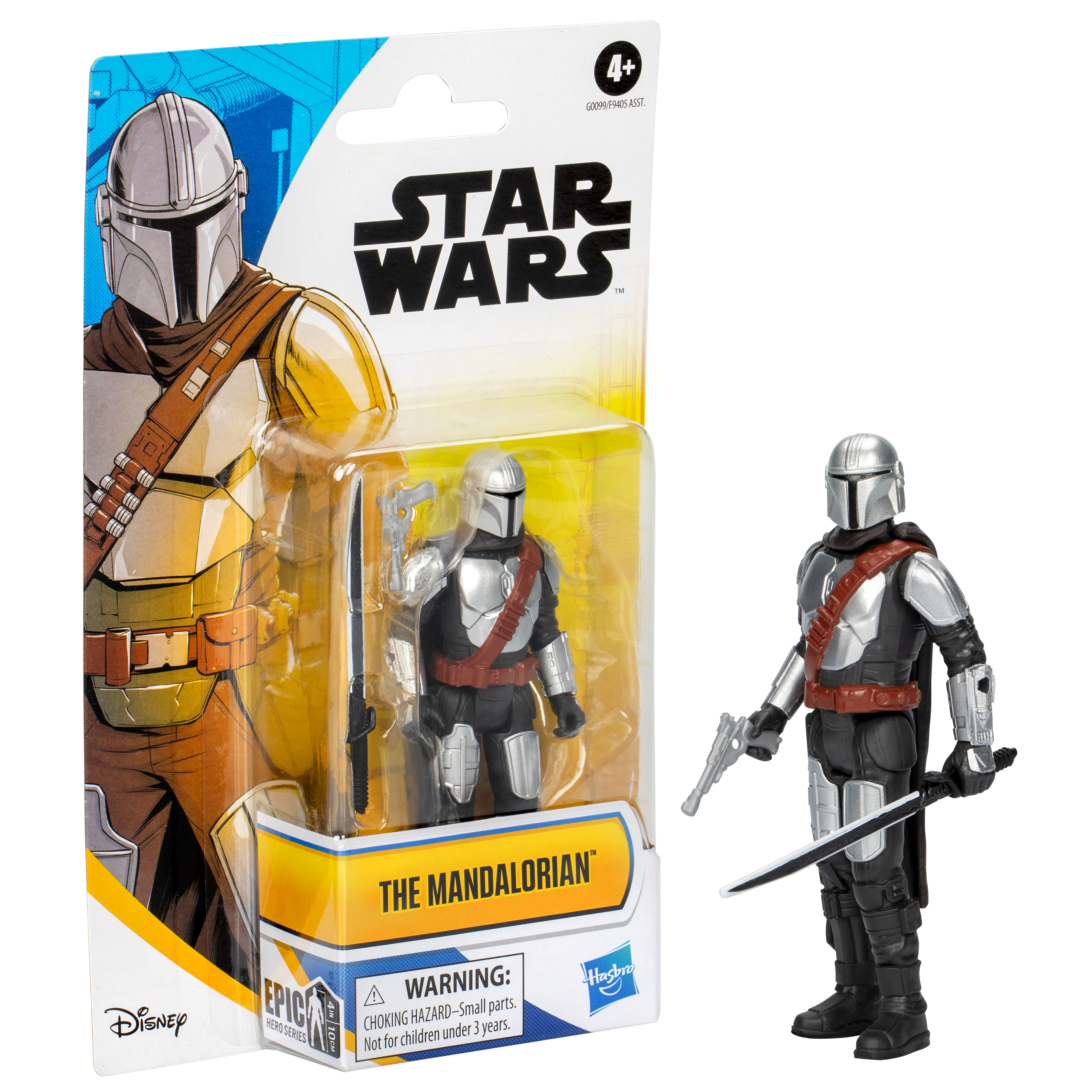 The Mandalorian Actionfigur im Paket. Enthält die Figur mit einer Waffe und einem Schwert. Enthält das Hasbro-Logo.