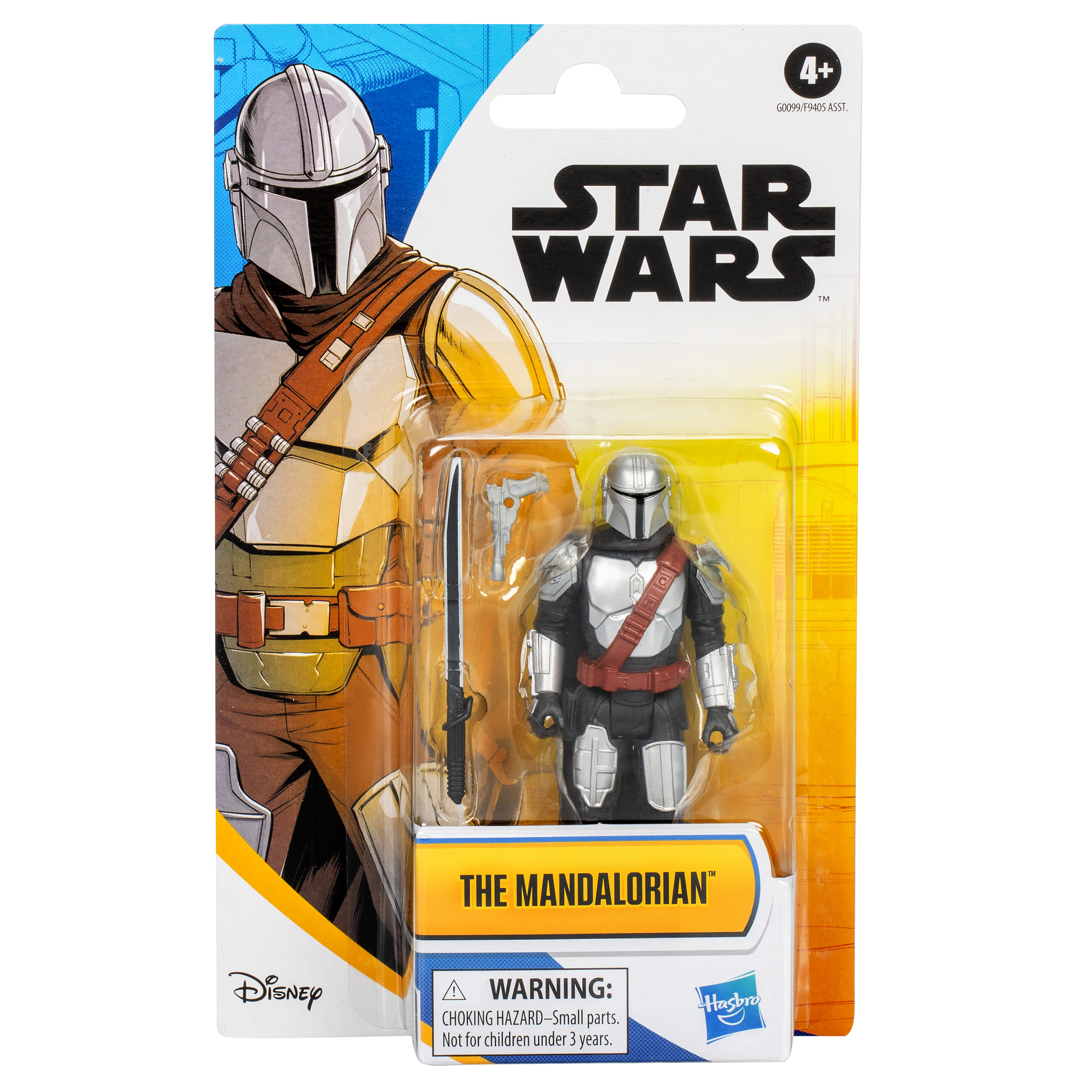 Eine Mandalorianer-Actionfigur in einer Verpackung. Die Figur ist silber und schwarz mit einem roten Gürtel. Die Verpackung hat ein Star Wars-Logo.