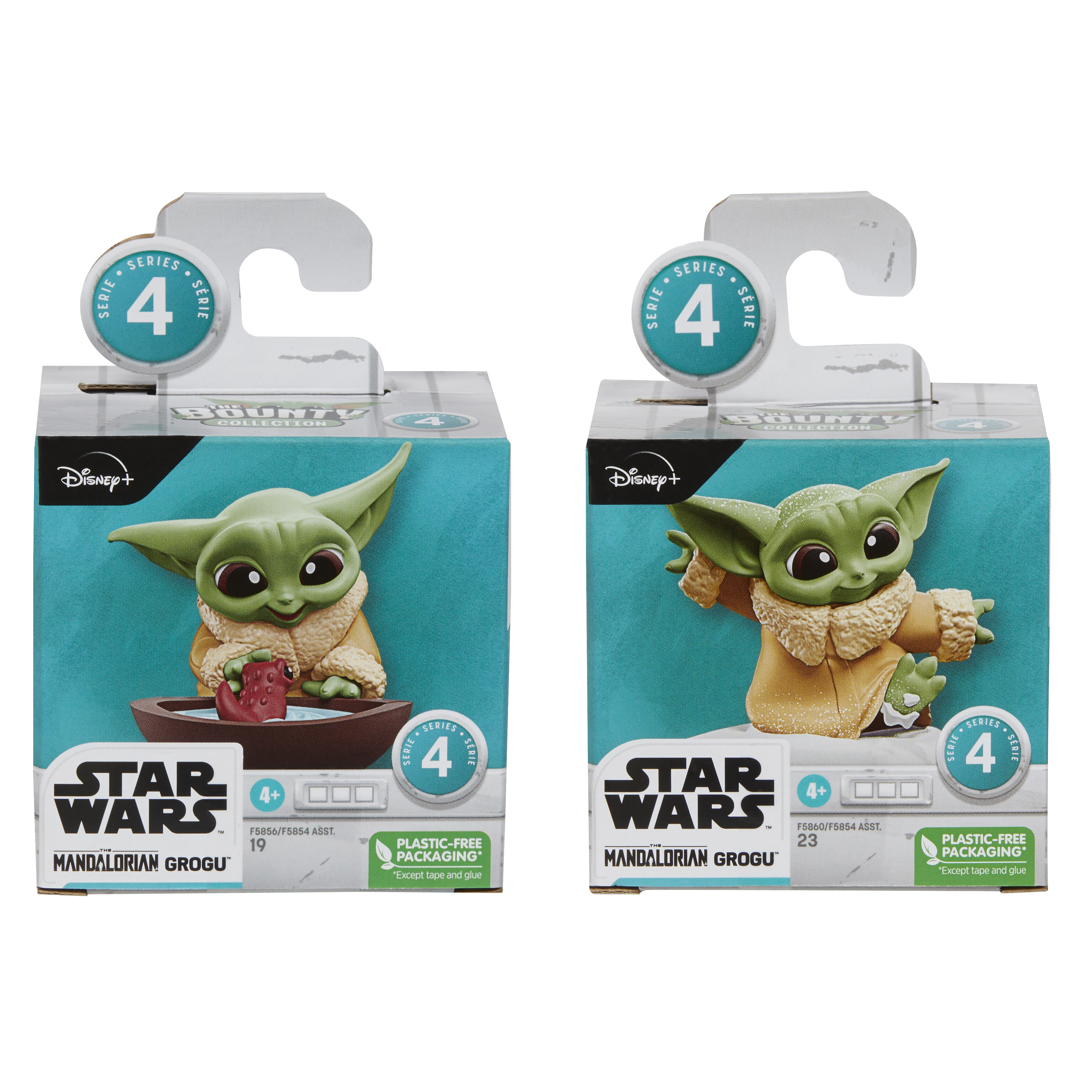 Due scatole di action figure di Grogu. Uno è in una ciotola, l'altro ha le braccia fuori. Entrambe le scatole sono di Star Wars.