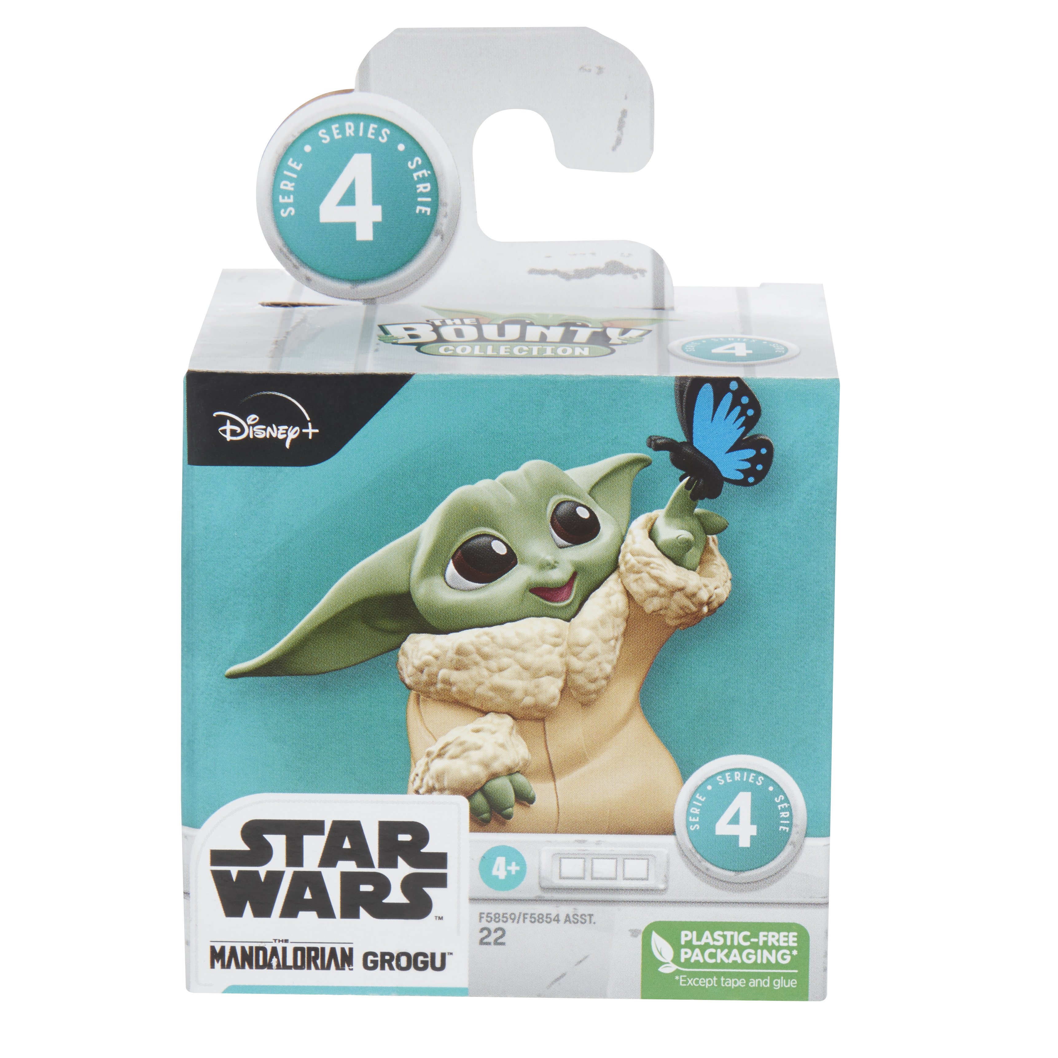 La scatola mostra il giocattolo di Grogu con una farfalla. Logo di Star Wars visibile, etichetta serie 4. The Bounty Collection.