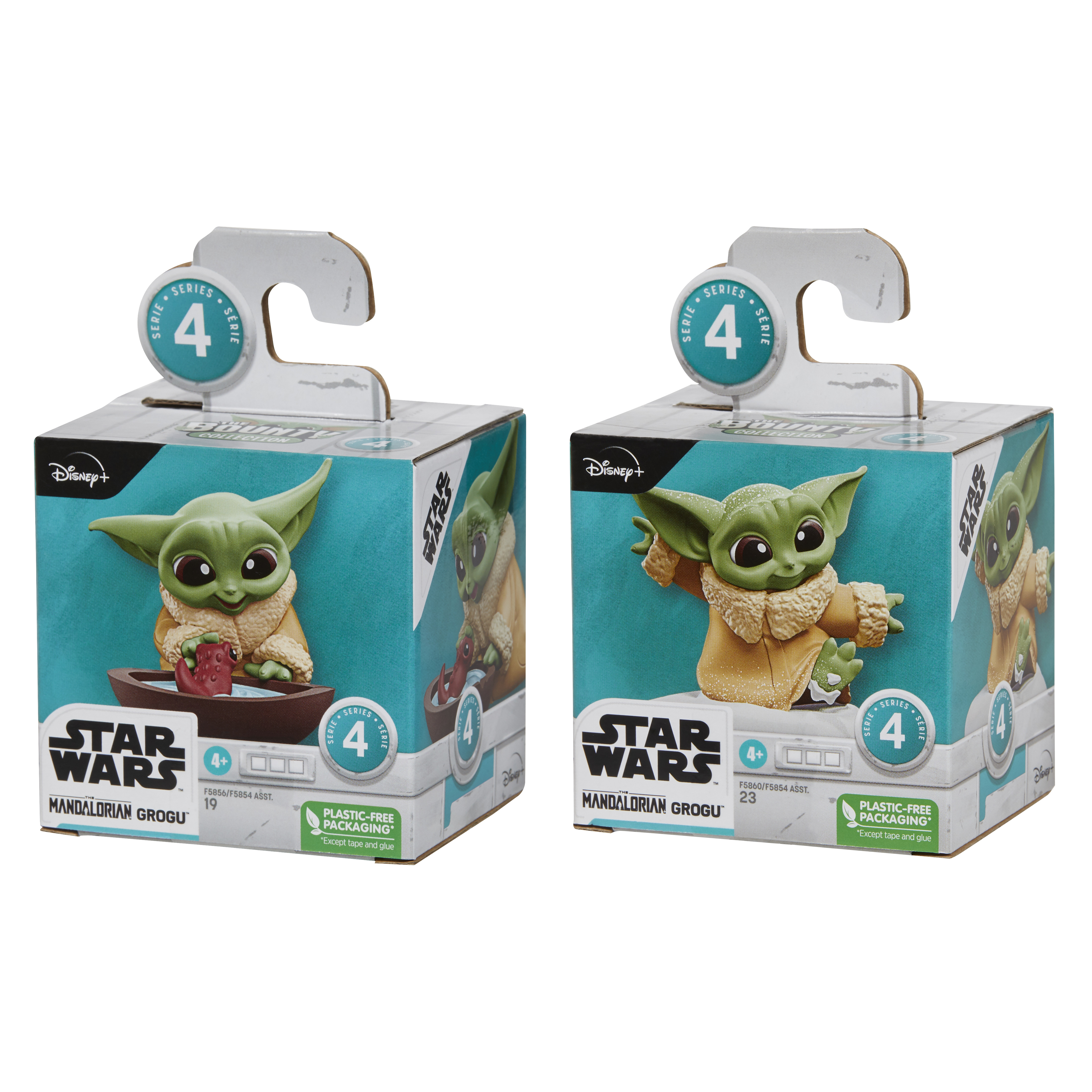 Due scatole di giocattoli Grogu di Star Wars. Ogni scatola mostra Grogu, serie 4 e imballaggio senza plastica.