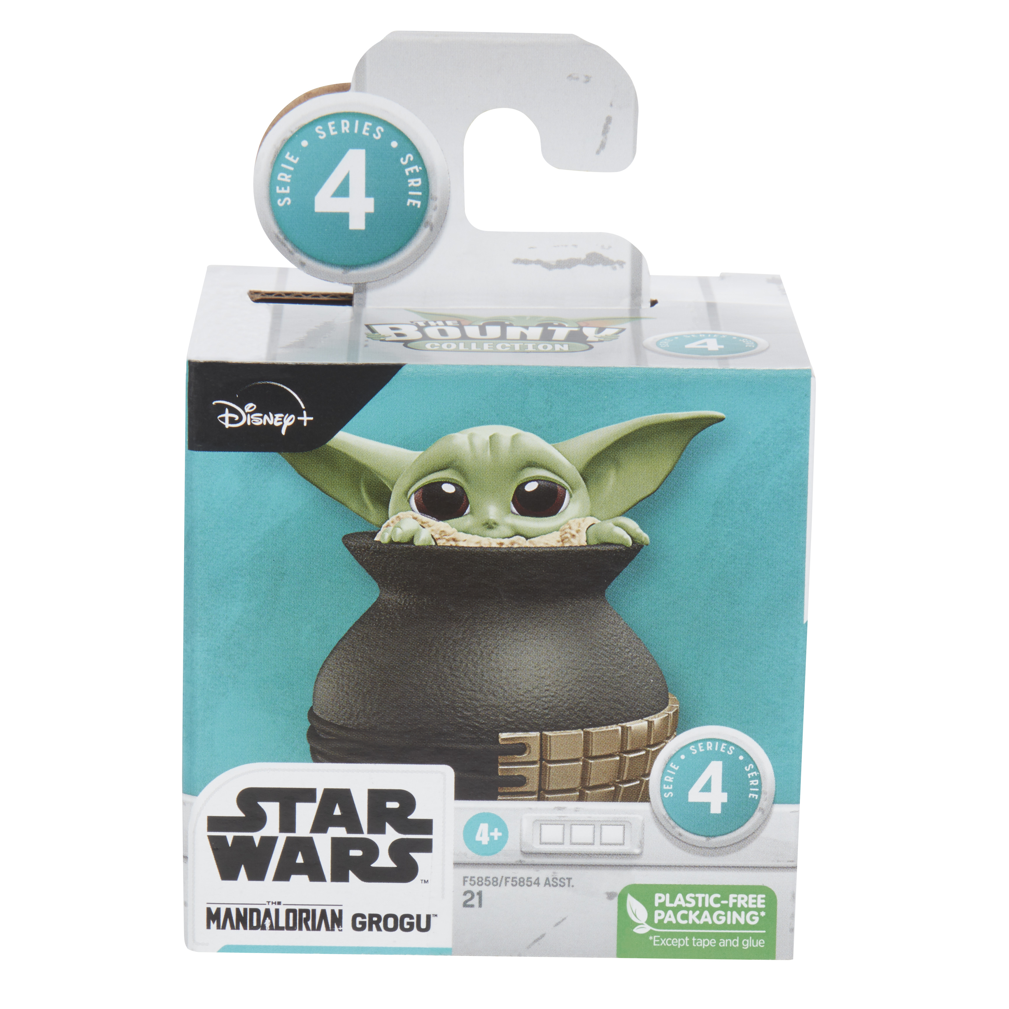 La scatola mostra Grogu in un vaso. La scatola ha i loghi di Star Wars e Disney+. Dice 'Bounty Collection'.