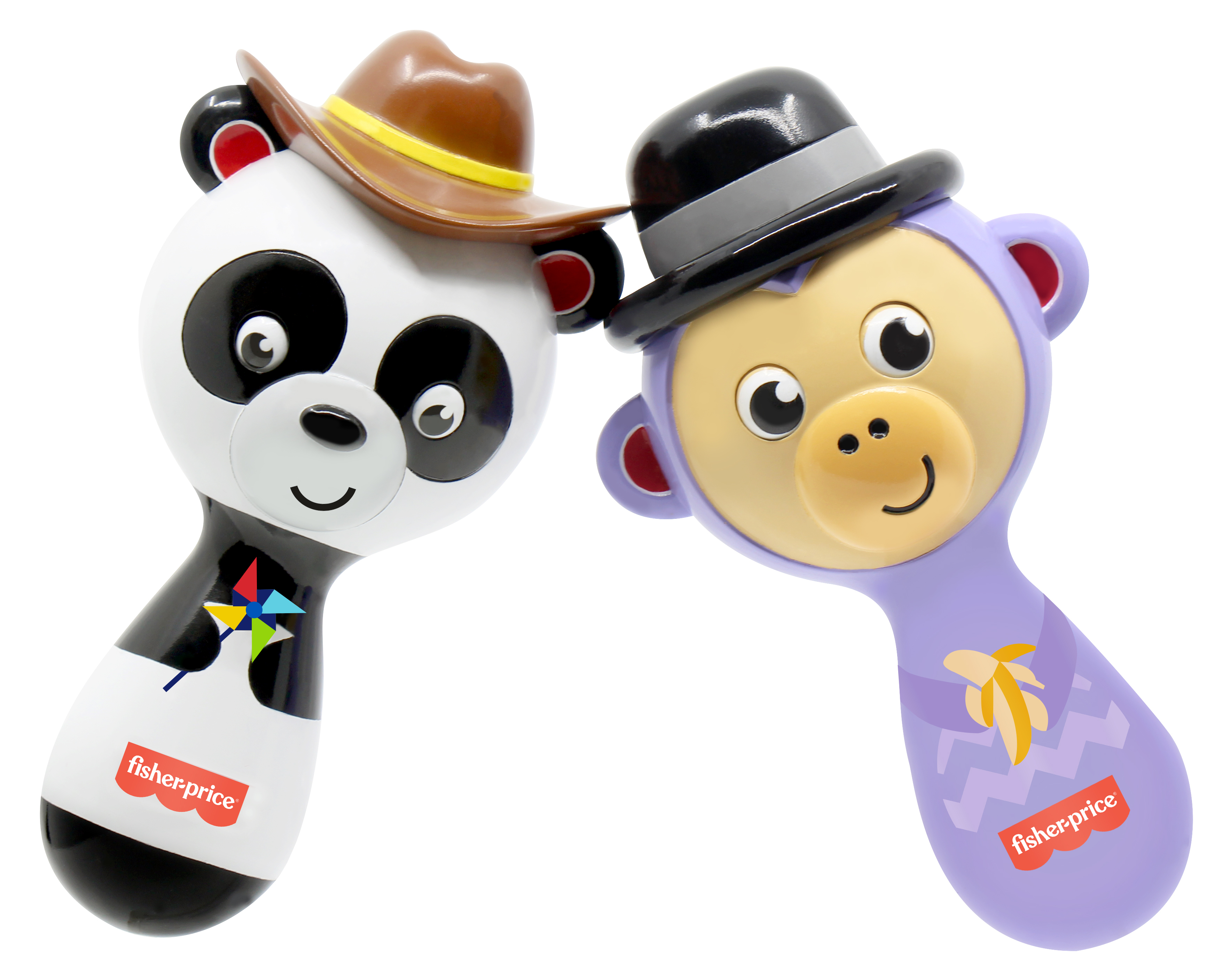 Dos juguetes para bebés Fisher-Price: un panda con sombrero de vaquero y un mono con bombín, ambos sobre fondo blanco.