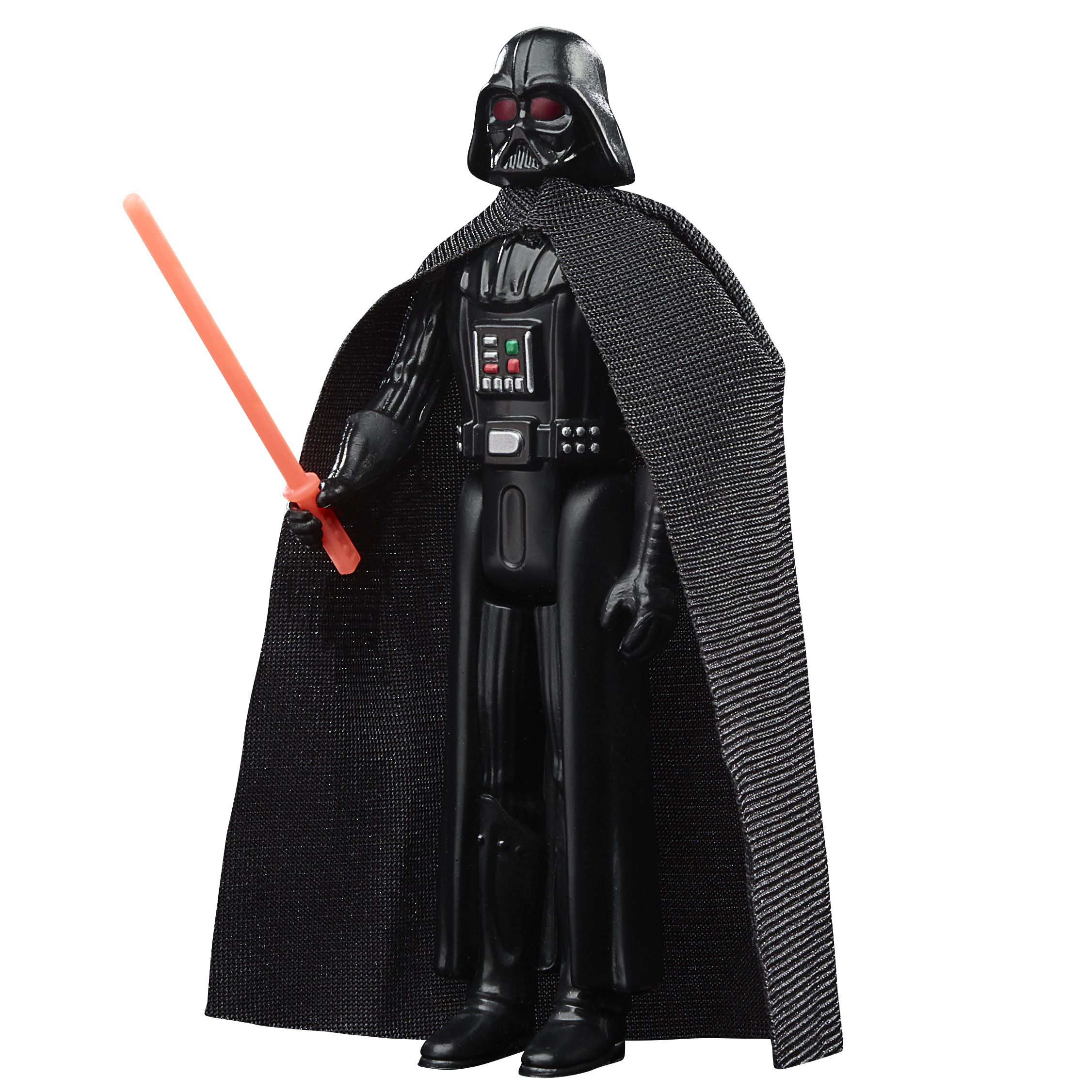 Una action figure di Darth Vader con una spada laser rossa, con un mantello nero, su sfondo bianco.