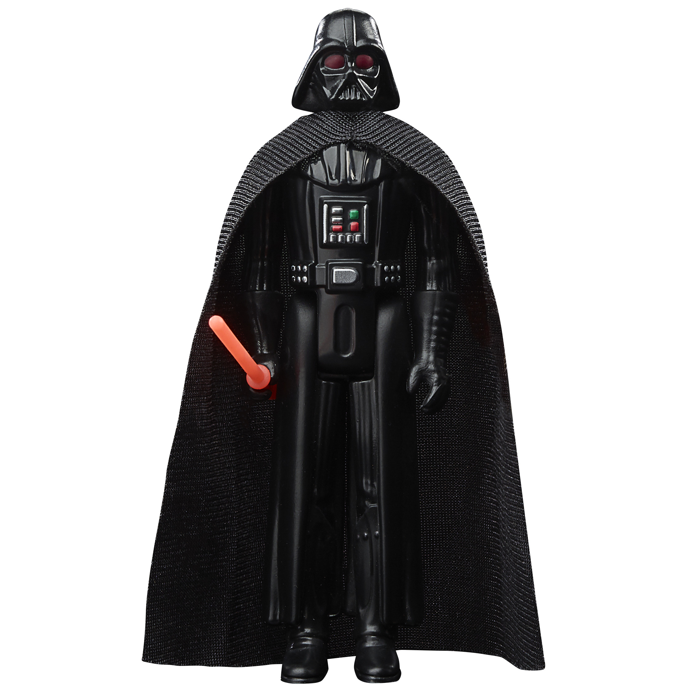 Action figure di Darth Vader. Casco e tuta neri, spada laser rossa, mantello nero. Vista frontale, sfondo bianco.